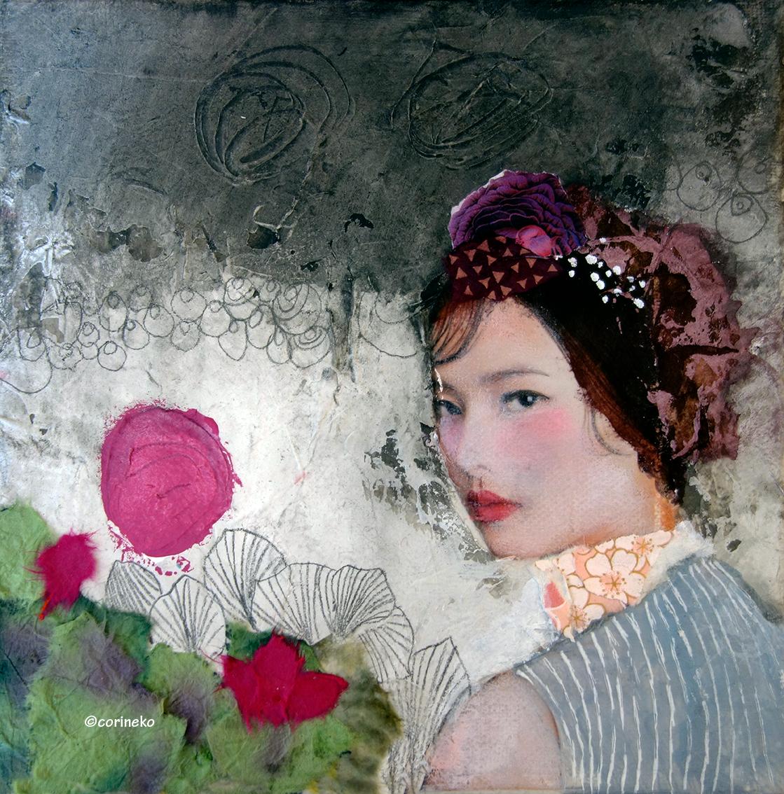 Corine Ko Figurative Painting - Le Regard - Textured mixed media square painting w couple embracing on canvas