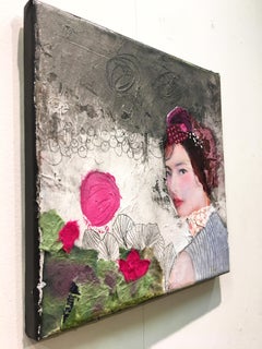 Le Regard - Textured mixed media square painting w couple embracing on canvas