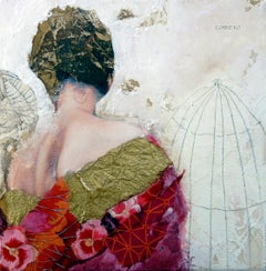 Les Souvenir - Textured mixed media square painting w couple embracing on canvas