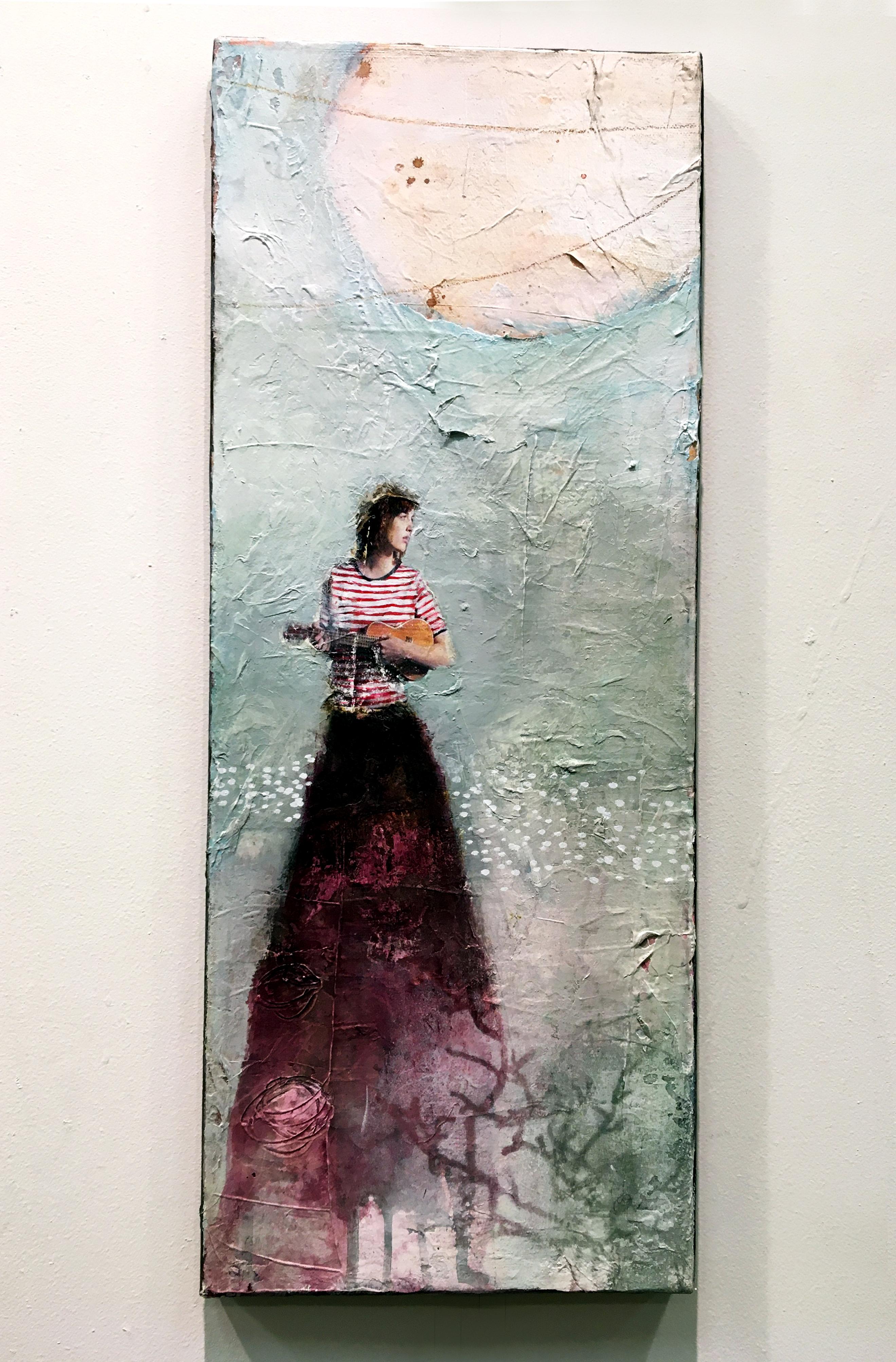 Une Serenade -Textured mixed media painting with poetic flying woman and wings - Painting by Corine Ko