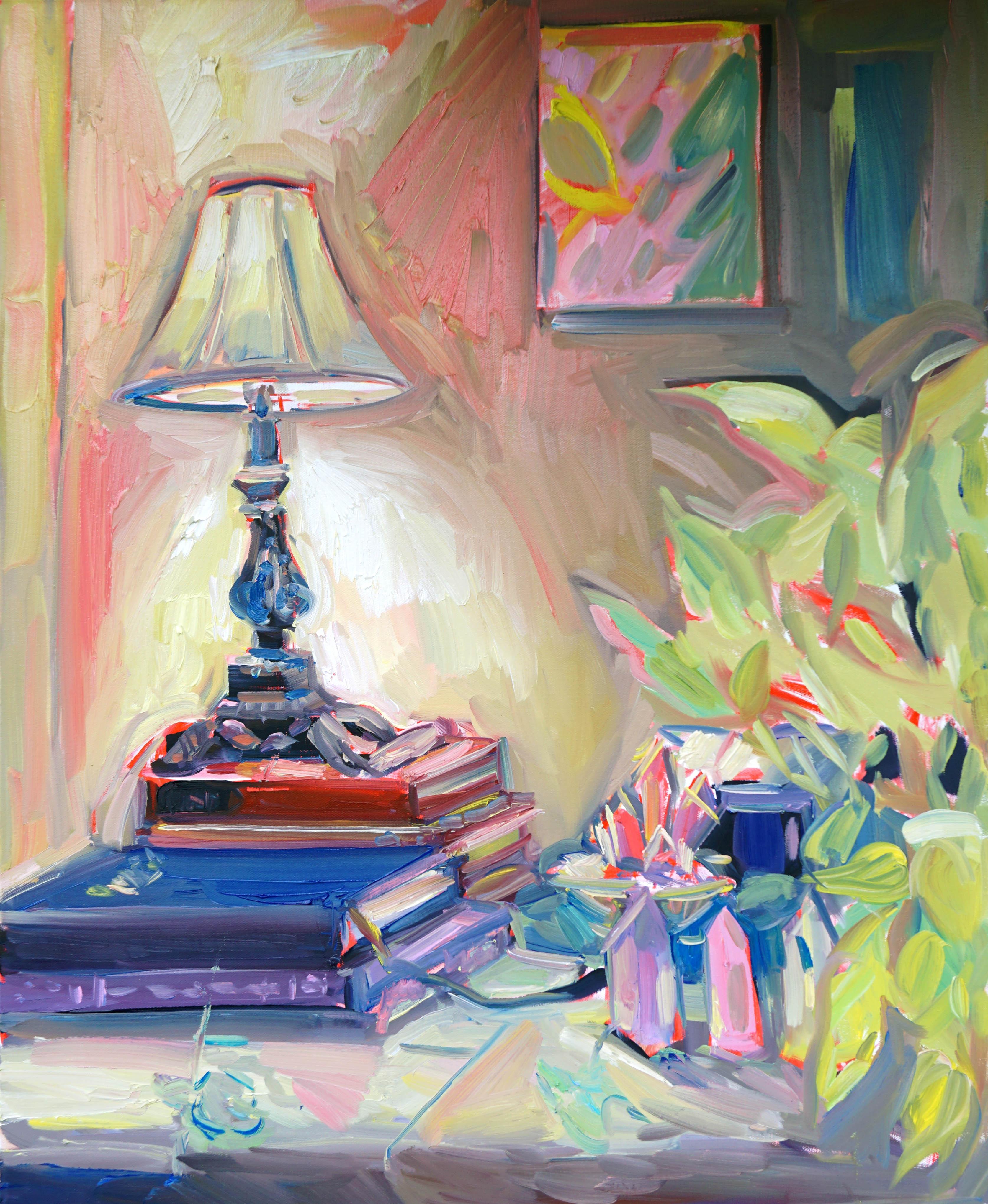 Alter, Oil on canvas, bright and textured interior series w books and crystals