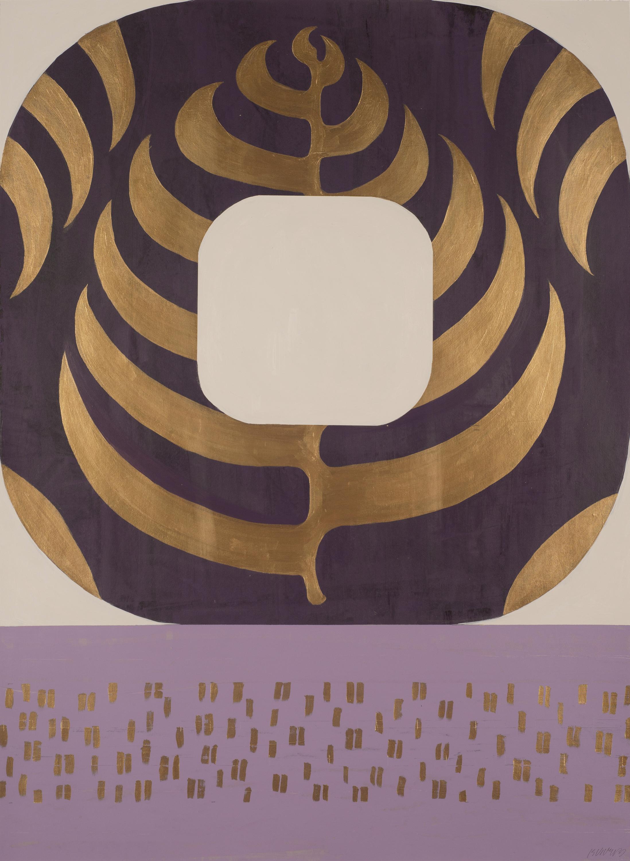Abstraktes geometrisches abstraktes Gemälde auf Papier, abwechselnd Aubergine, Violett und Gold