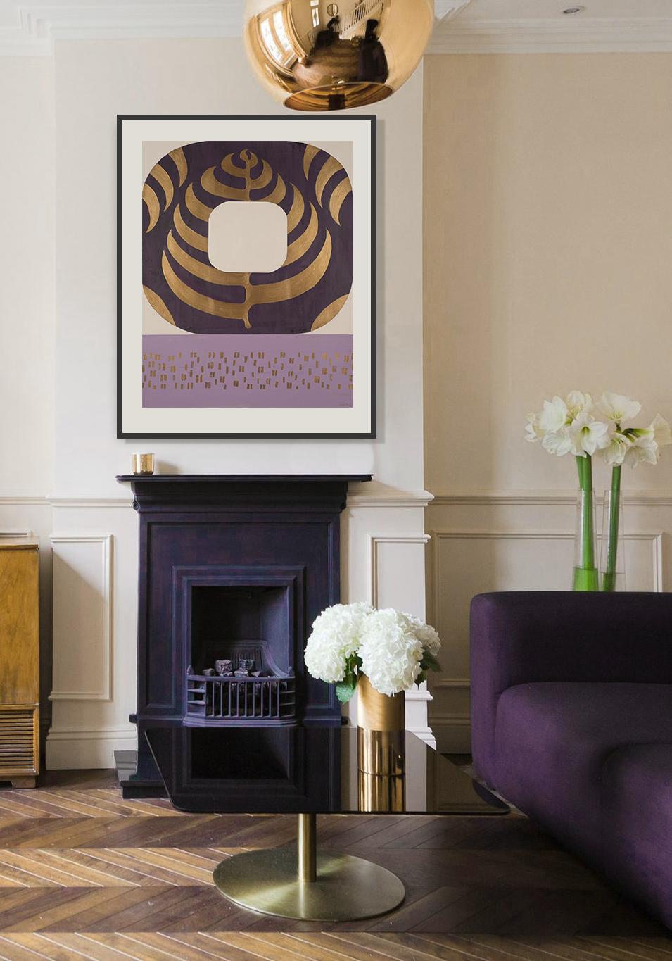 Peinture géométrique abstraite sur papier alternant aubergine, violet et or en vente 4