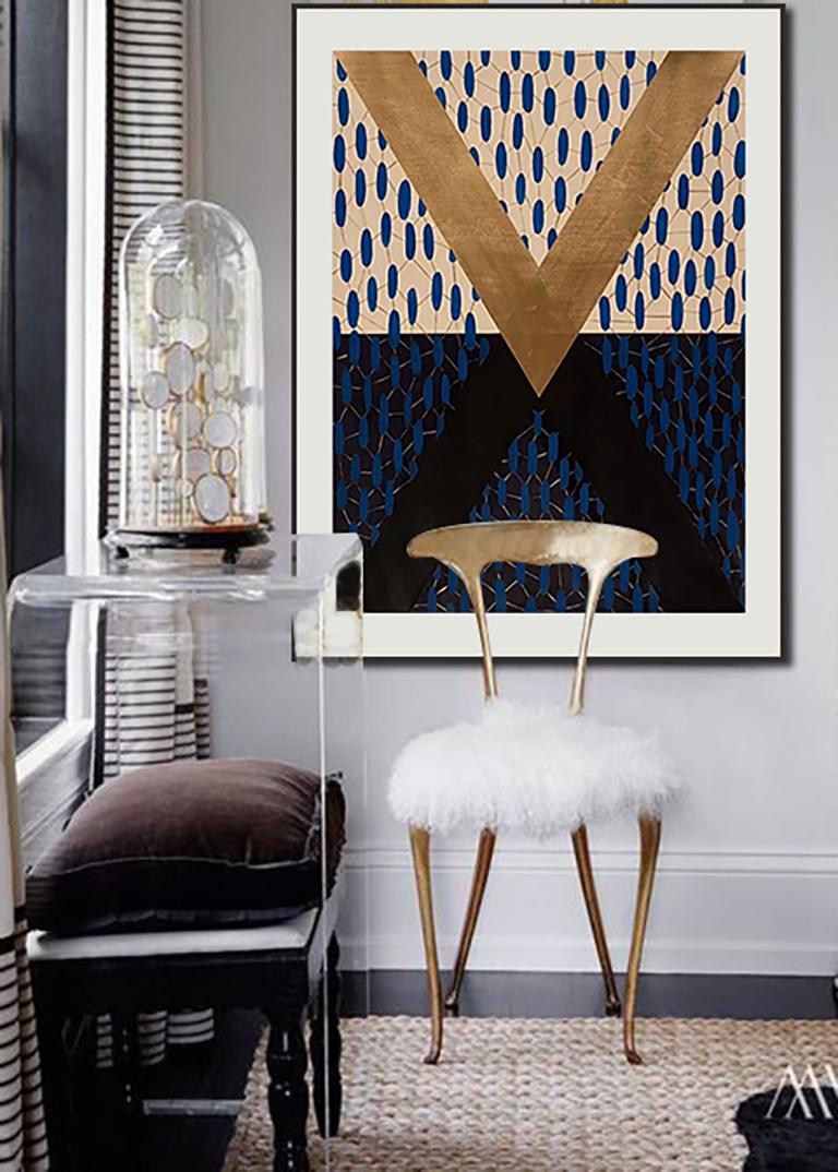 Rebound, striking blue and gold geometric abstract painting on paper, unframed - Painting by Kazaan Viveiros