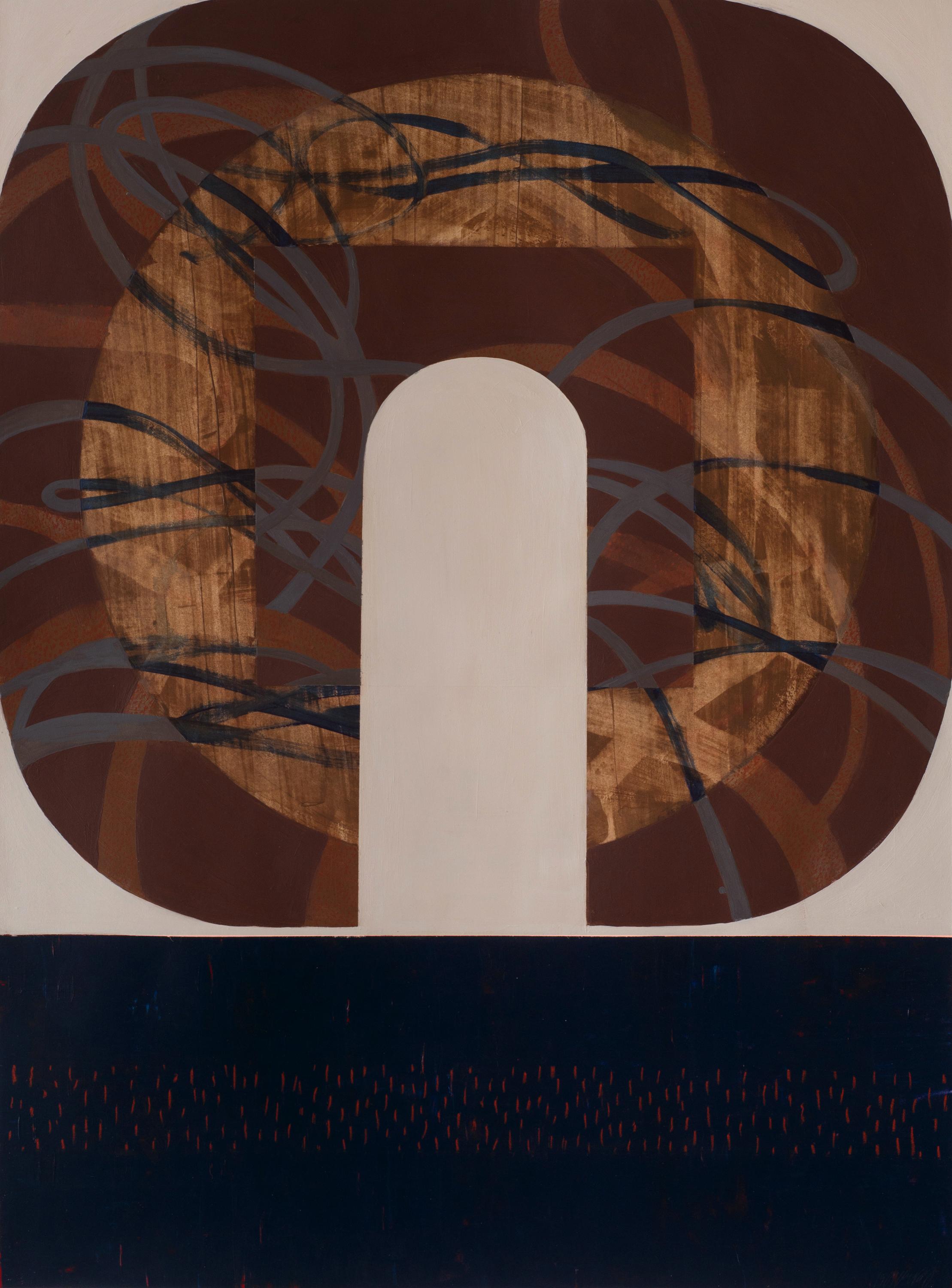 Kazaan Viveiros Abstract Painting – Crescent Web, Erdtöne, geometrisches abstraktes Gemälde auf Papier, ungerahmt