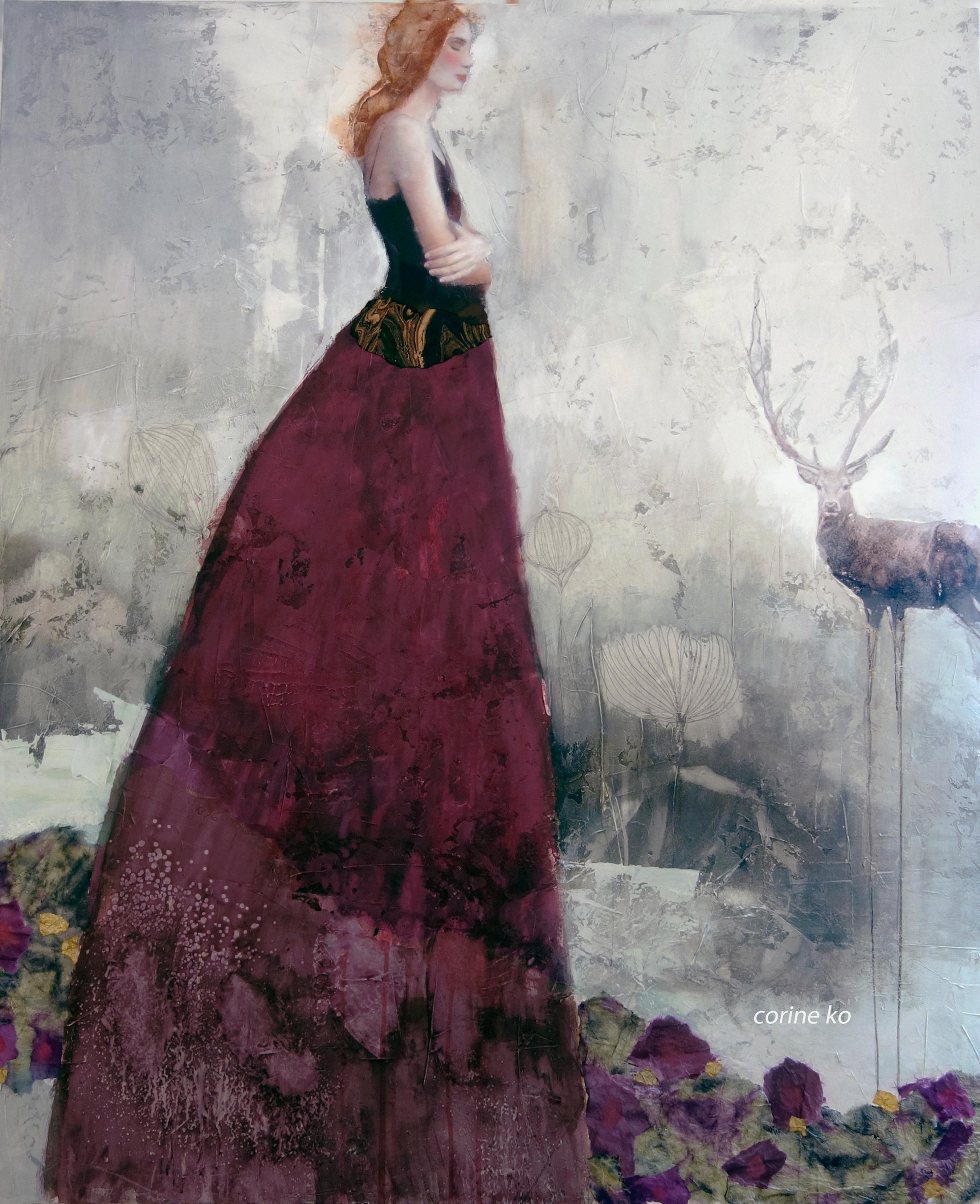Laisse mon Souvenir te Suivre, Textured mixed media painting, poetic woman 