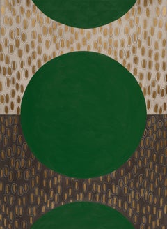 Emerald Slate, Green and gold, circular geometric abstract painting on paper