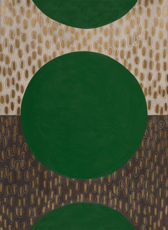 Emerald Slate, Green and gold, circular geometric abstract painting on paper