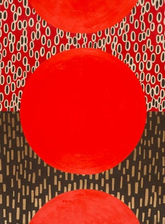 Wassermelonen-Sonnenuntergang, Rot und Gold, kreisförmiges geometrisches abstraktes Gemälde auf Papier
