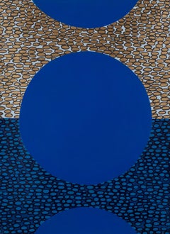 Pebble Blue, peinture géométrique abstraite circulaire sur papier, touches d'or et de noir