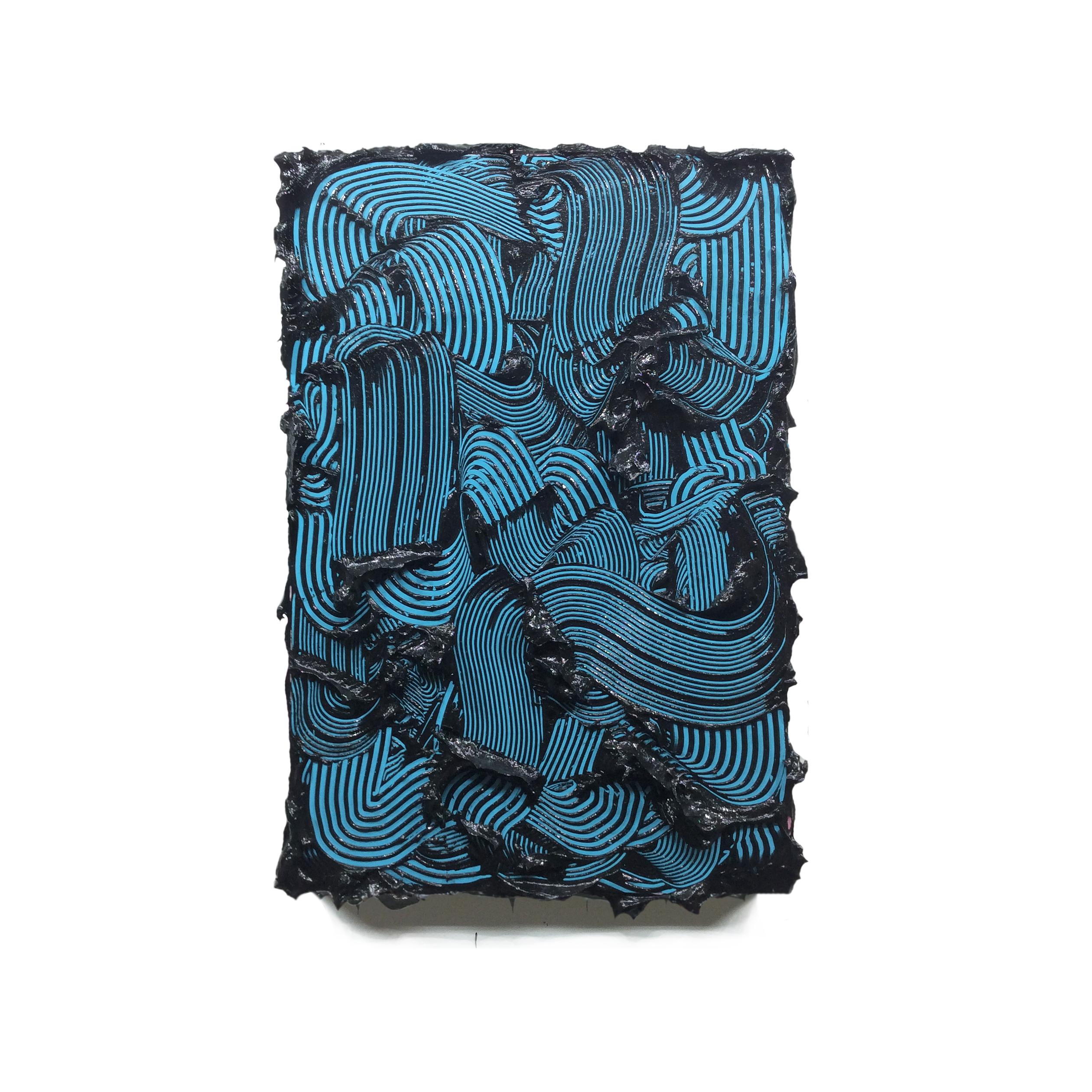 Peinture contemporaine texturée Poseidon, couleurs vives, traits bleus, abstrait - Sculpture de Tim Nikiforuk