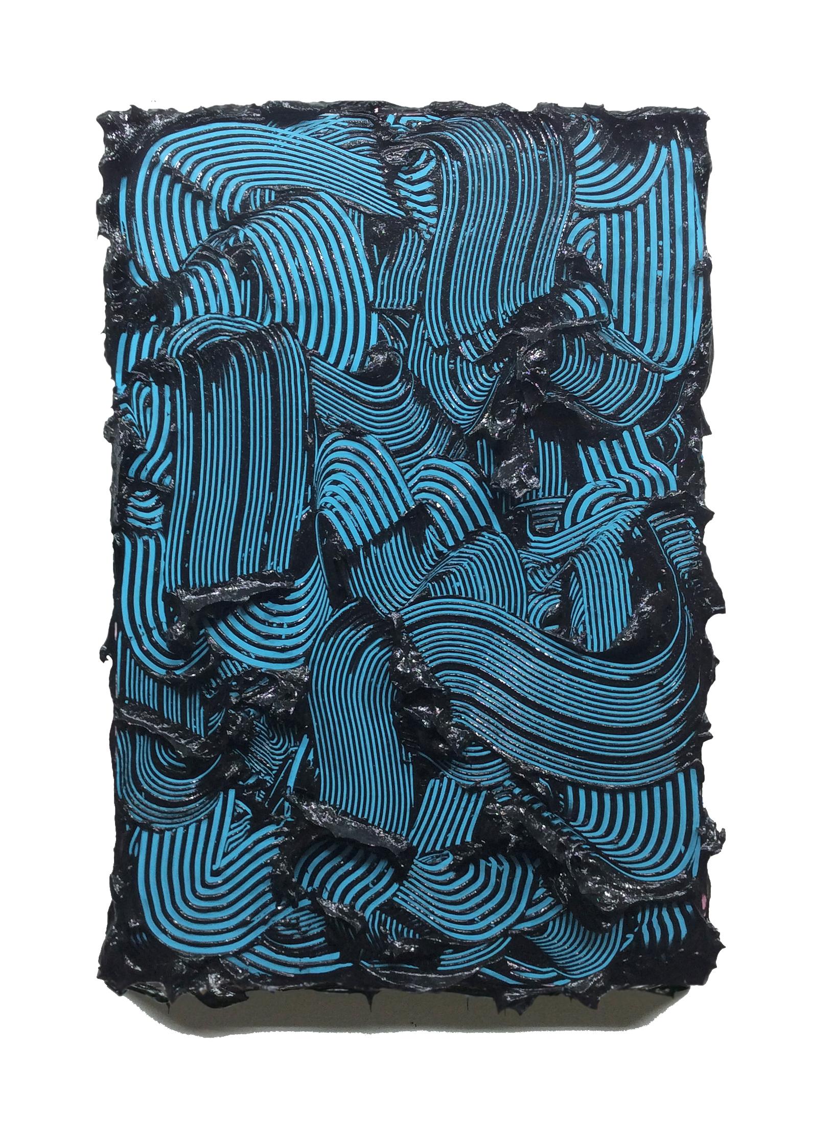 Peinture contemporaine texturée Poseidon, couleurs vives, traits bleus, abstrait - Abstrait Sculpture par Tim Nikiforuk