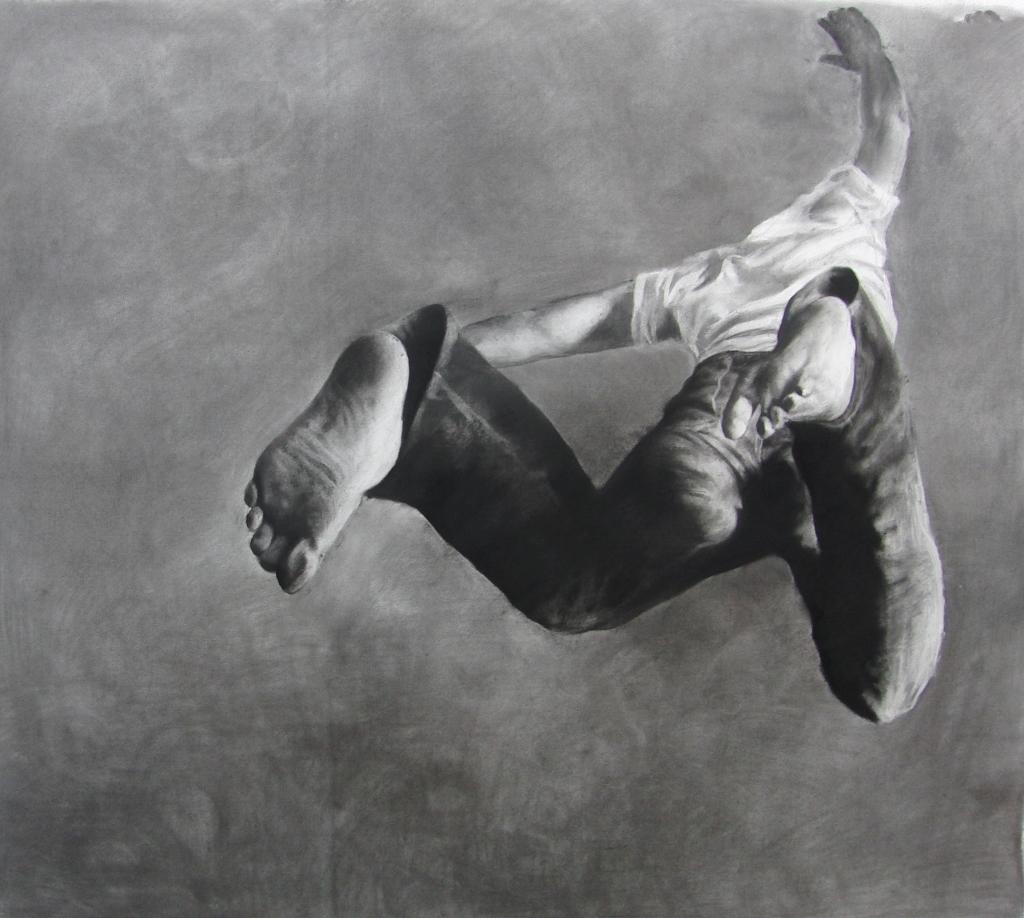 Jump Man, realistic figurative charcoal on paper, large size, contemporary frame