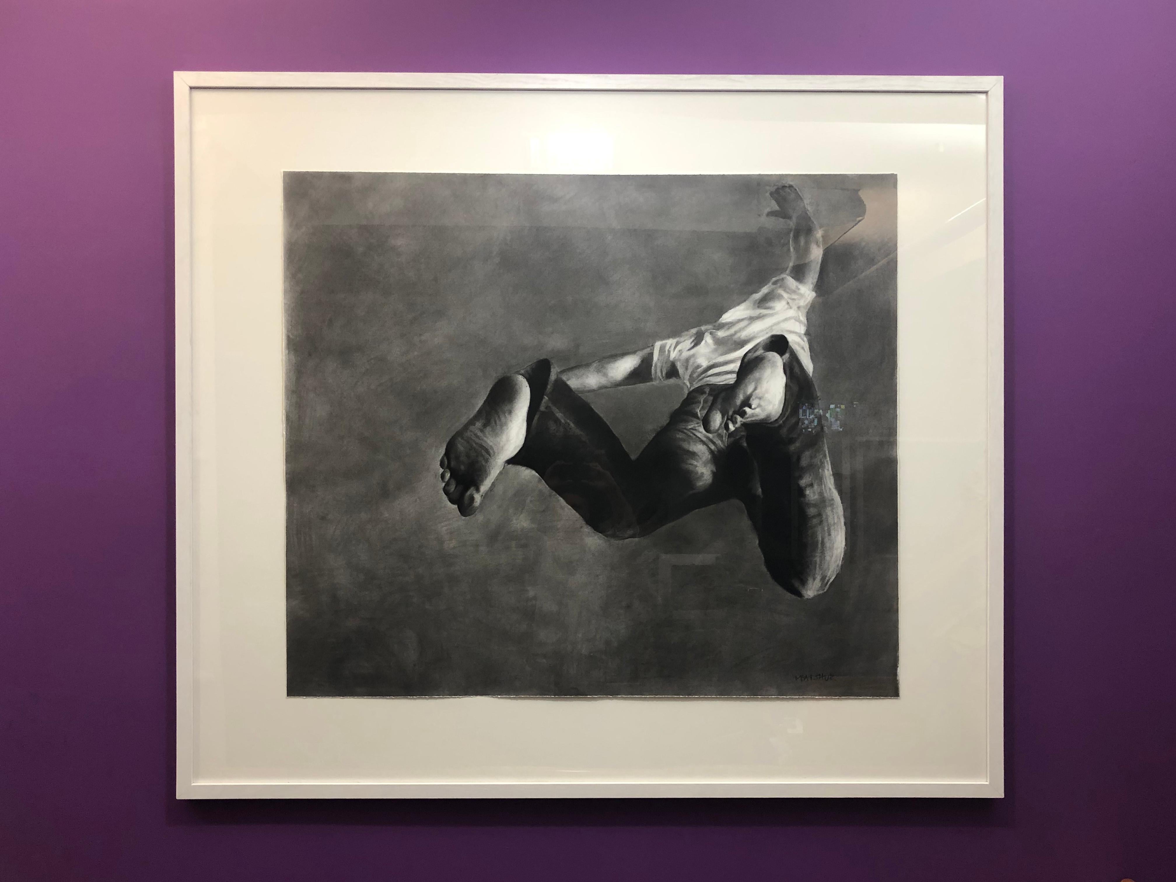 Jump Man, realistic figurative charcoal on paper, large size, contemporary frame - Art by Patsy McArthur