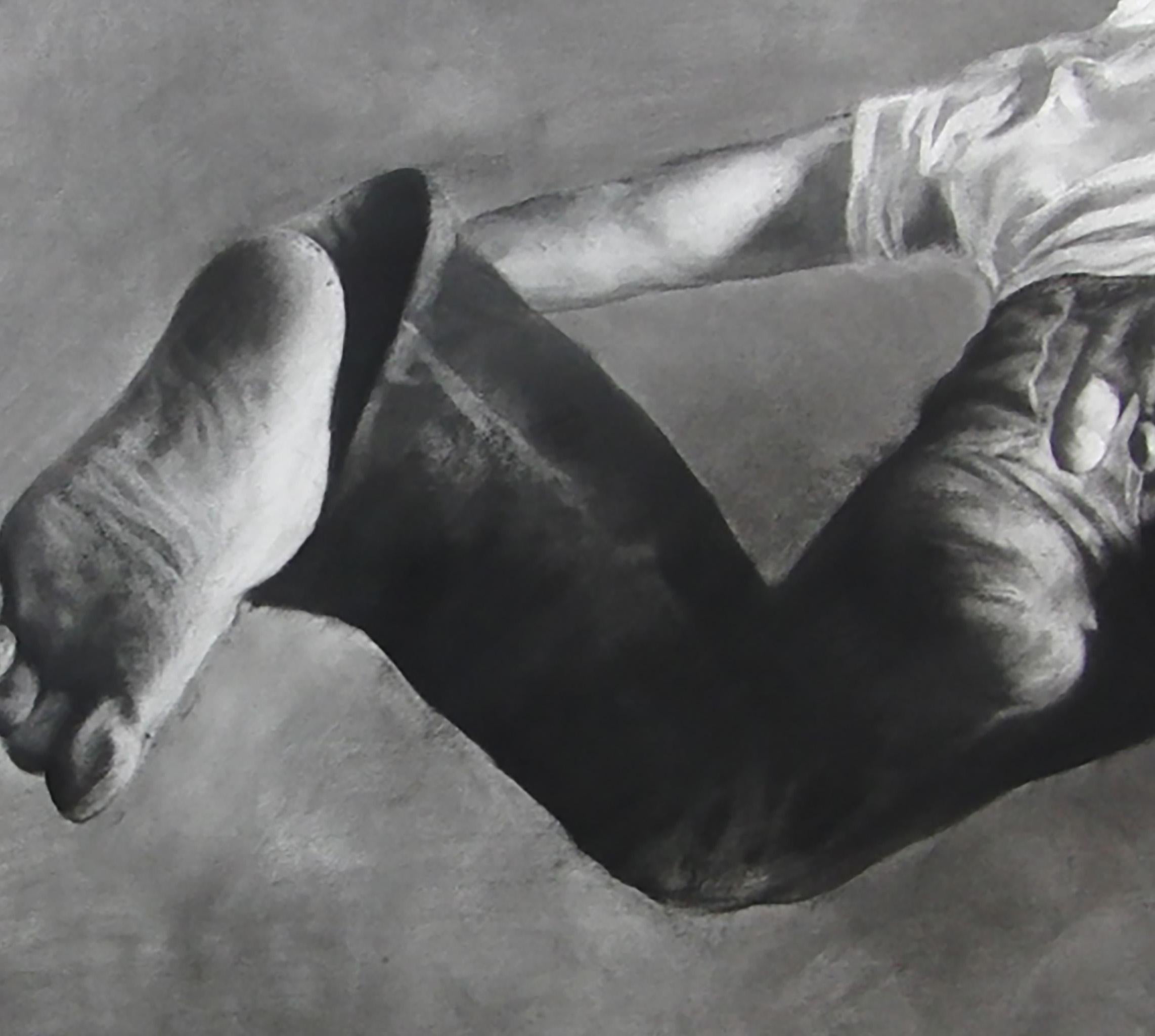 Jump Man, realistic figurative charcoal on paper, large size, contemporary frame For Sale 4