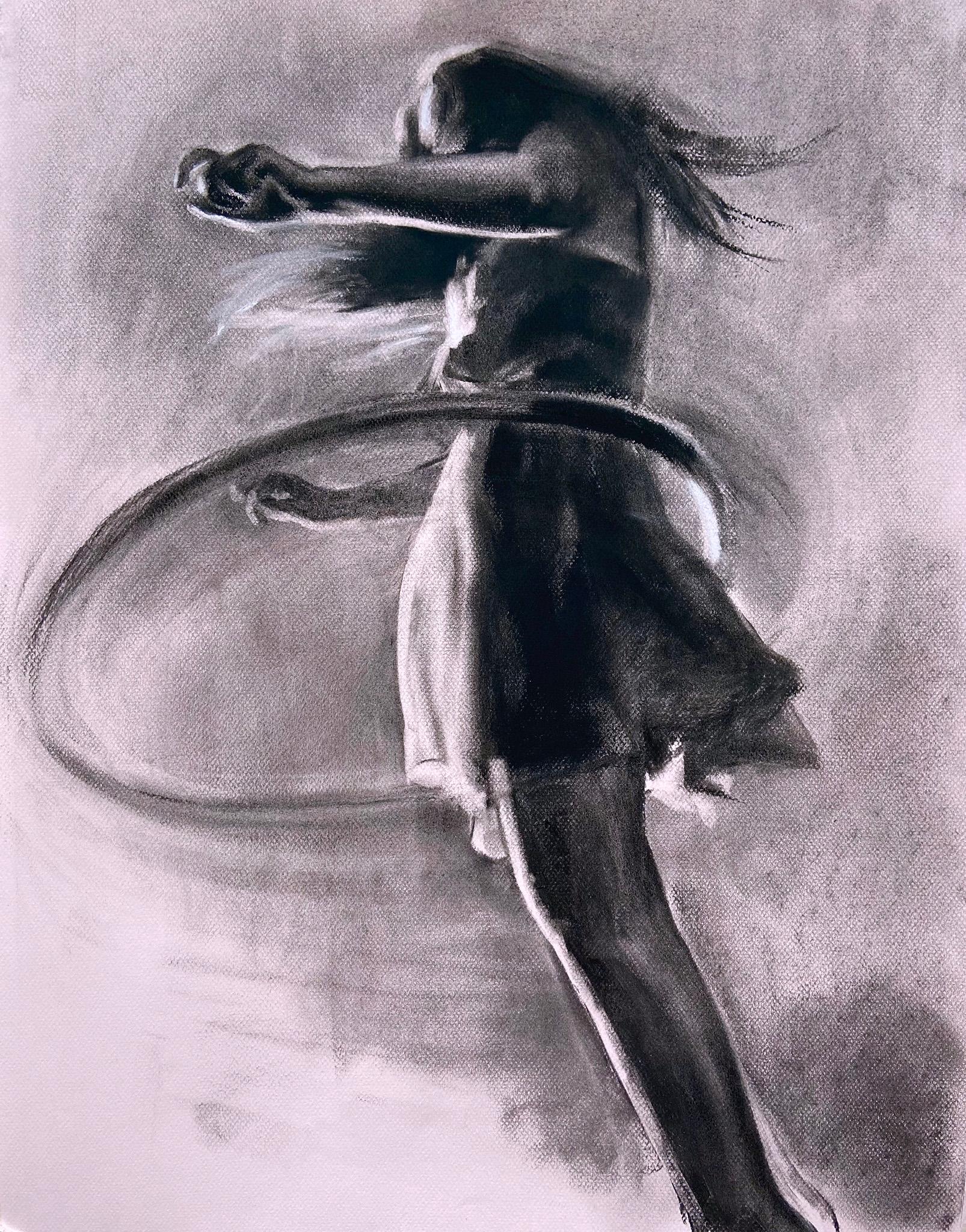 Hula Study, energetic realistic charcoal drawing on paper, girl and hula hoop