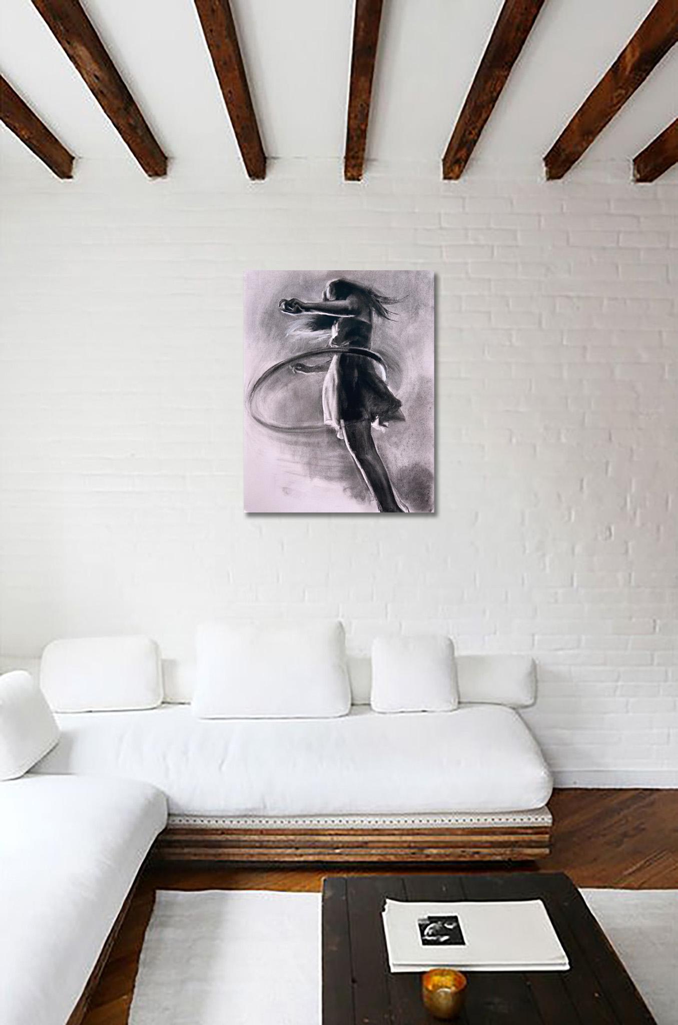 Hula Study, energetic realistic charcoal drawing on paper, girl and hula hoop - Art by Patsy McArthur