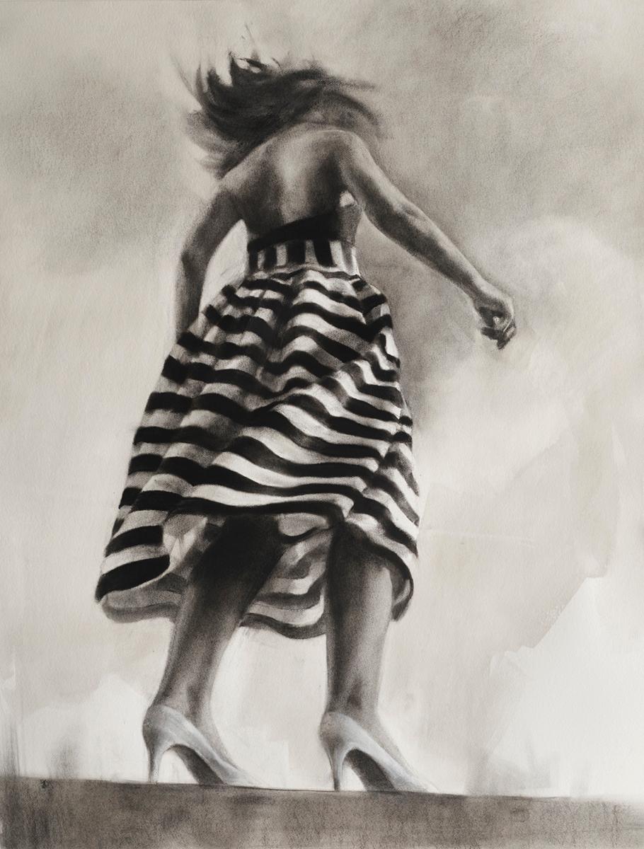 Patsy McArthur Portrait - Performance I, realistic charcoal & ink monotone drawing, woman in striped dress