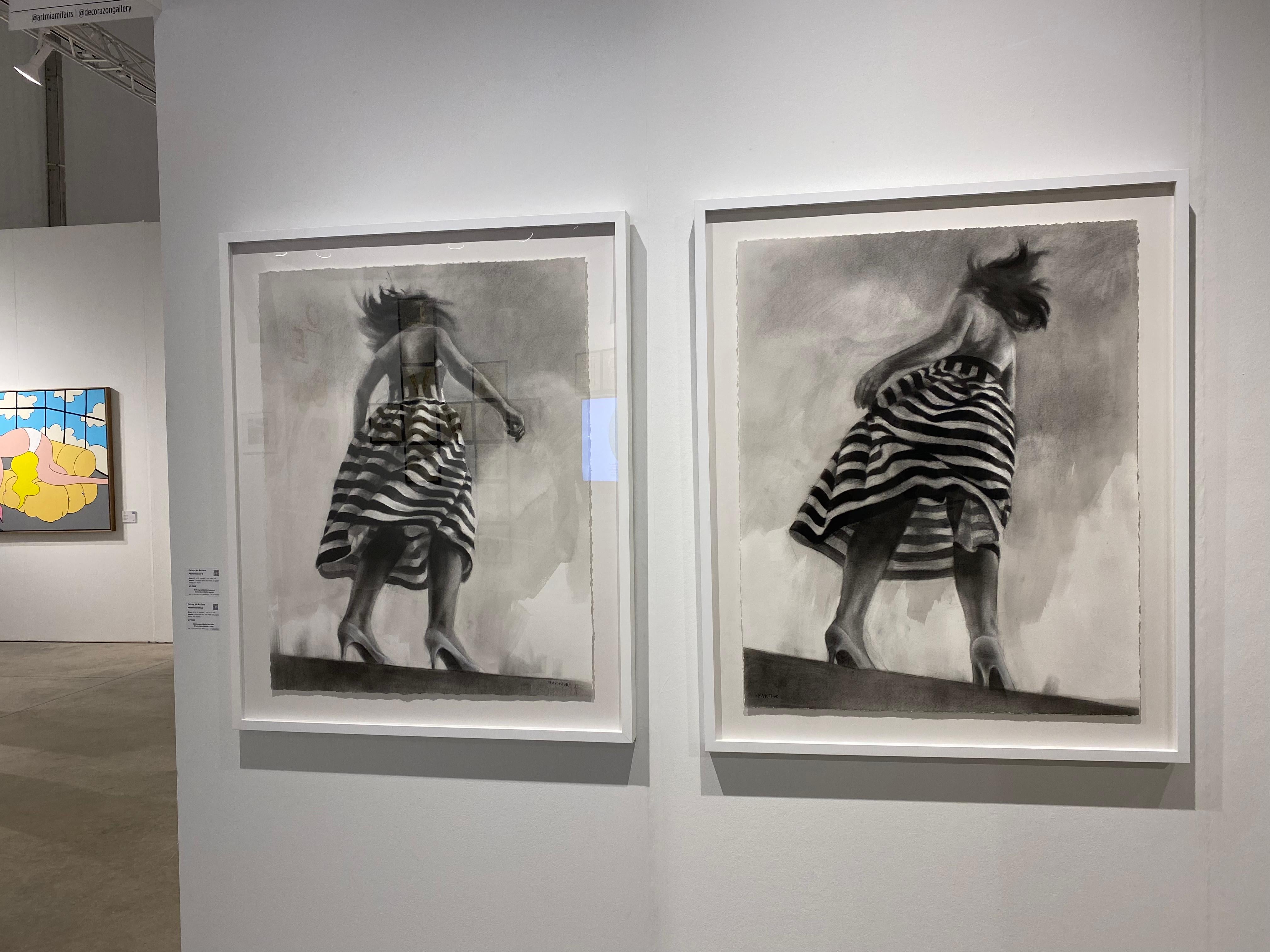 Performance I, realistic charcoal & ink monotone drawing, woman in striped dress For Sale 4