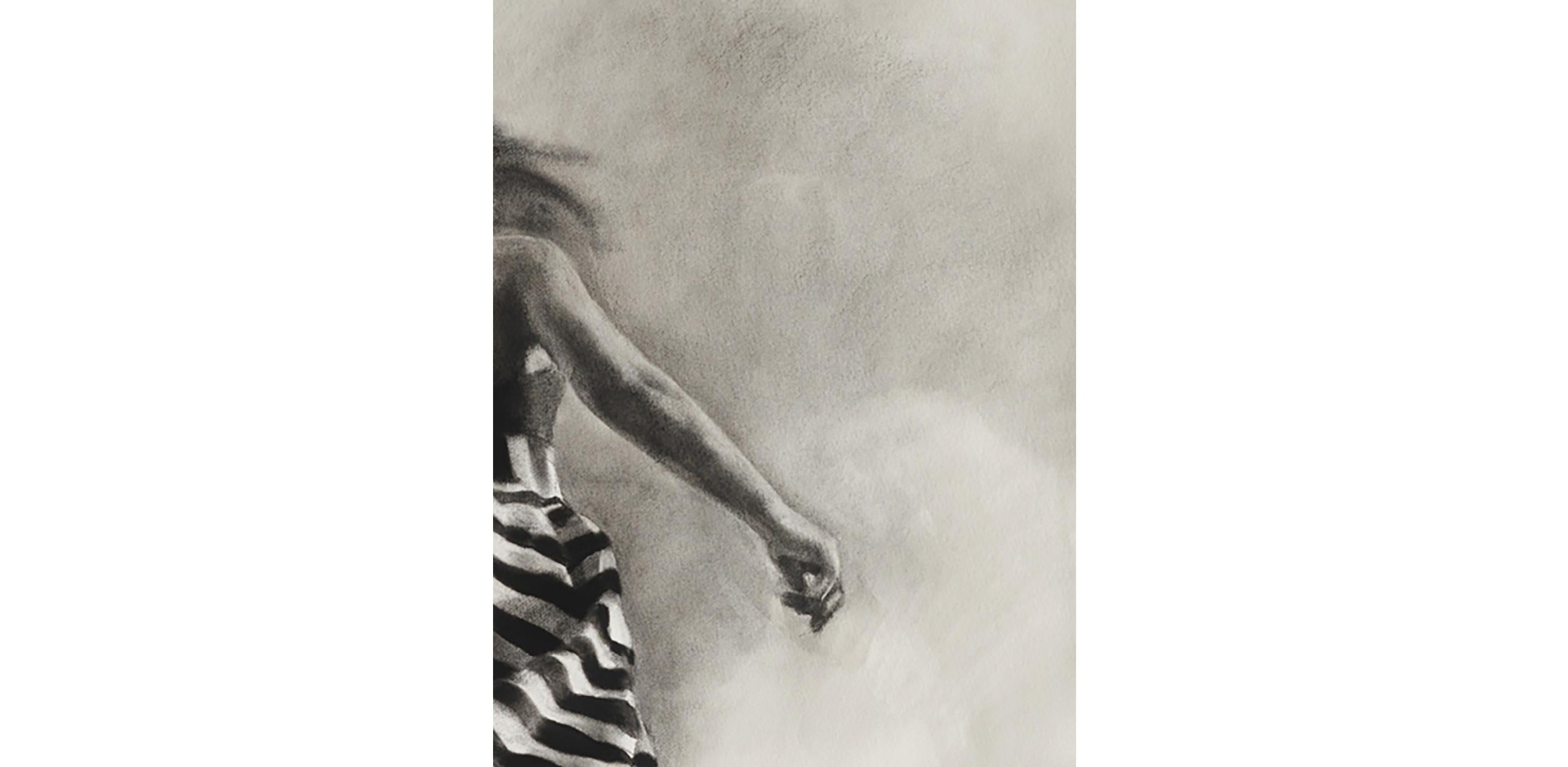 Performance I, realistic charcoal & ink monotone drawing, woman in striped dress - Gray Figurative Art by Patsy McArthur