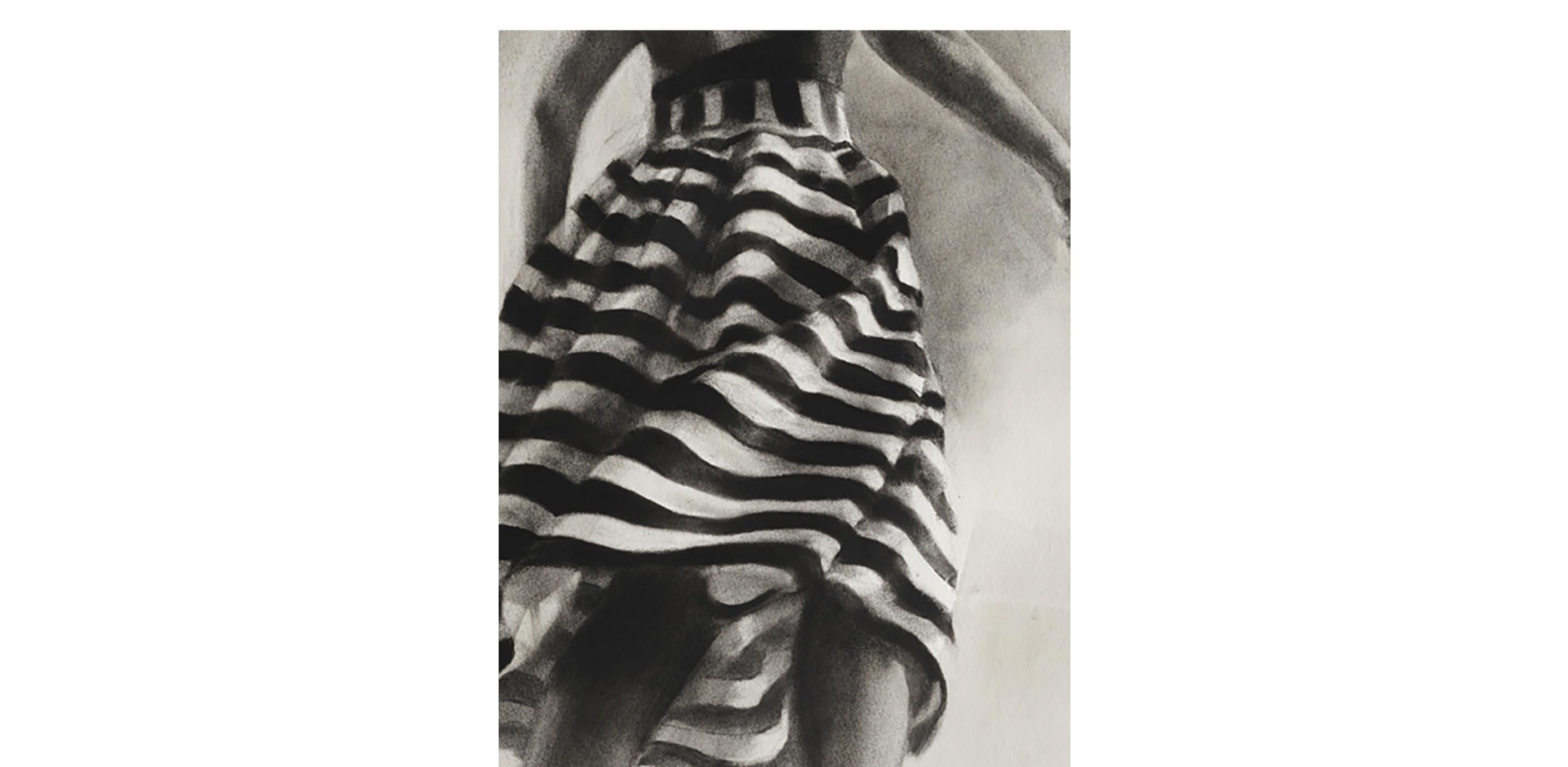 Performance I, realistic charcoal & ink monotone drawing, woman in striped dress For Sale 3