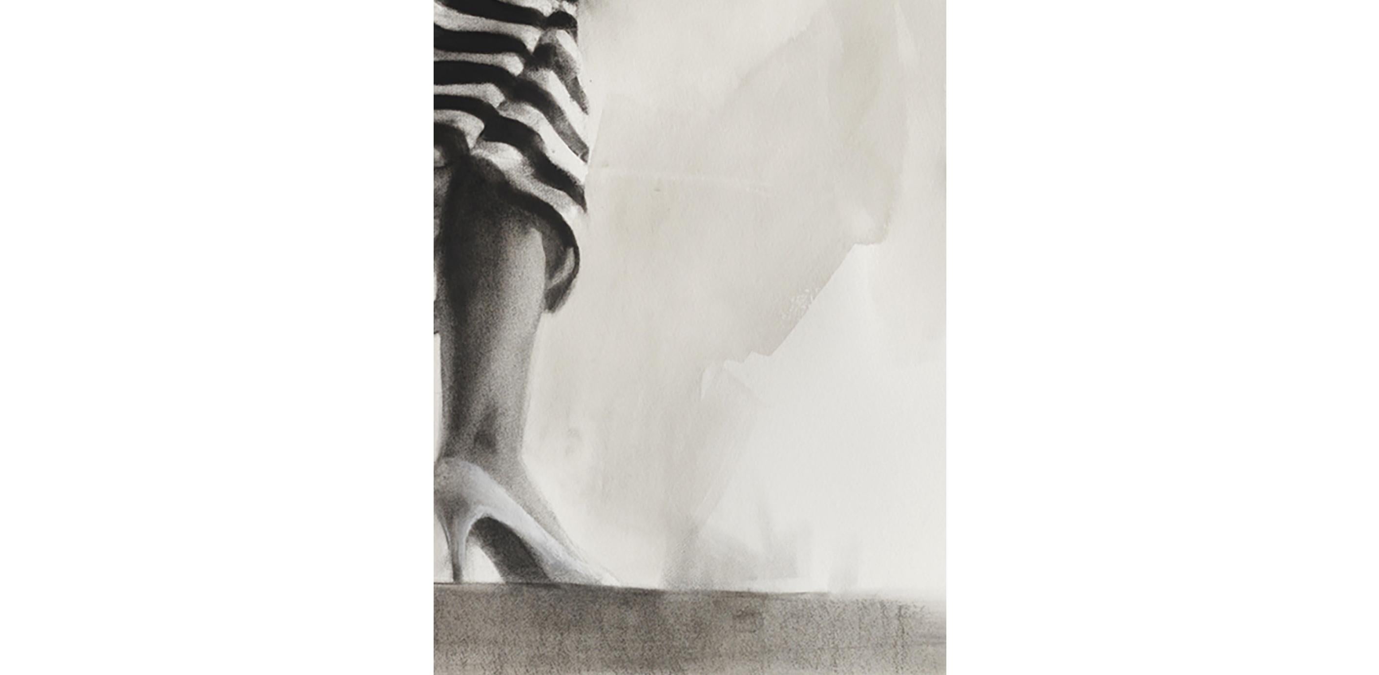 Performance I, realistic charcoal & ink monotone drawing, woman in striped dress For Sale 2