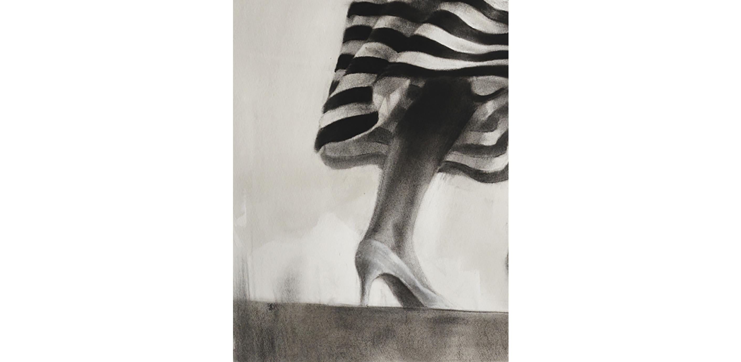Performance I, realistic charcoal & ink monotone drawing, woman in striped dress For Sale 1