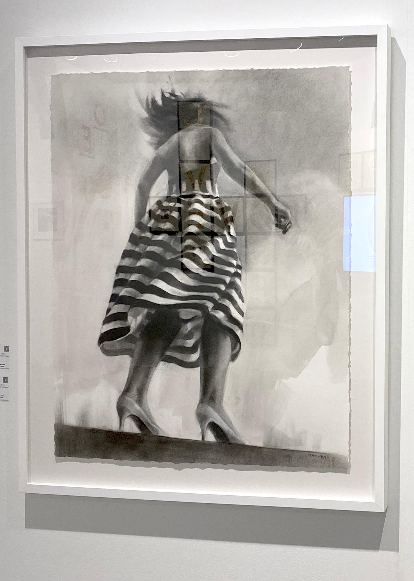 Performance I, realistic charcoal & ink monotone drawing, woman in striped dress - Art by Patsy McArthur