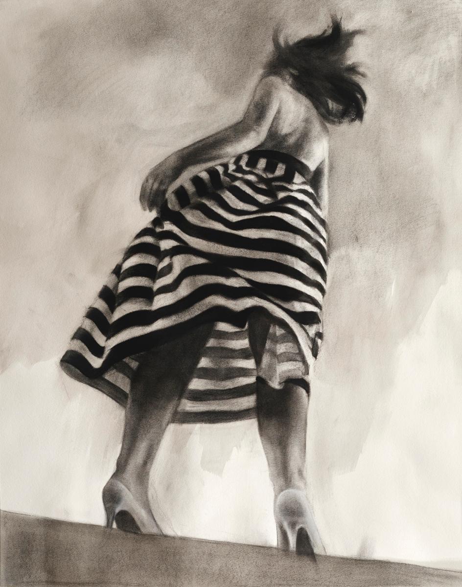 Performance II realistic charcoal & ink monotone drawing, woman in striped dress