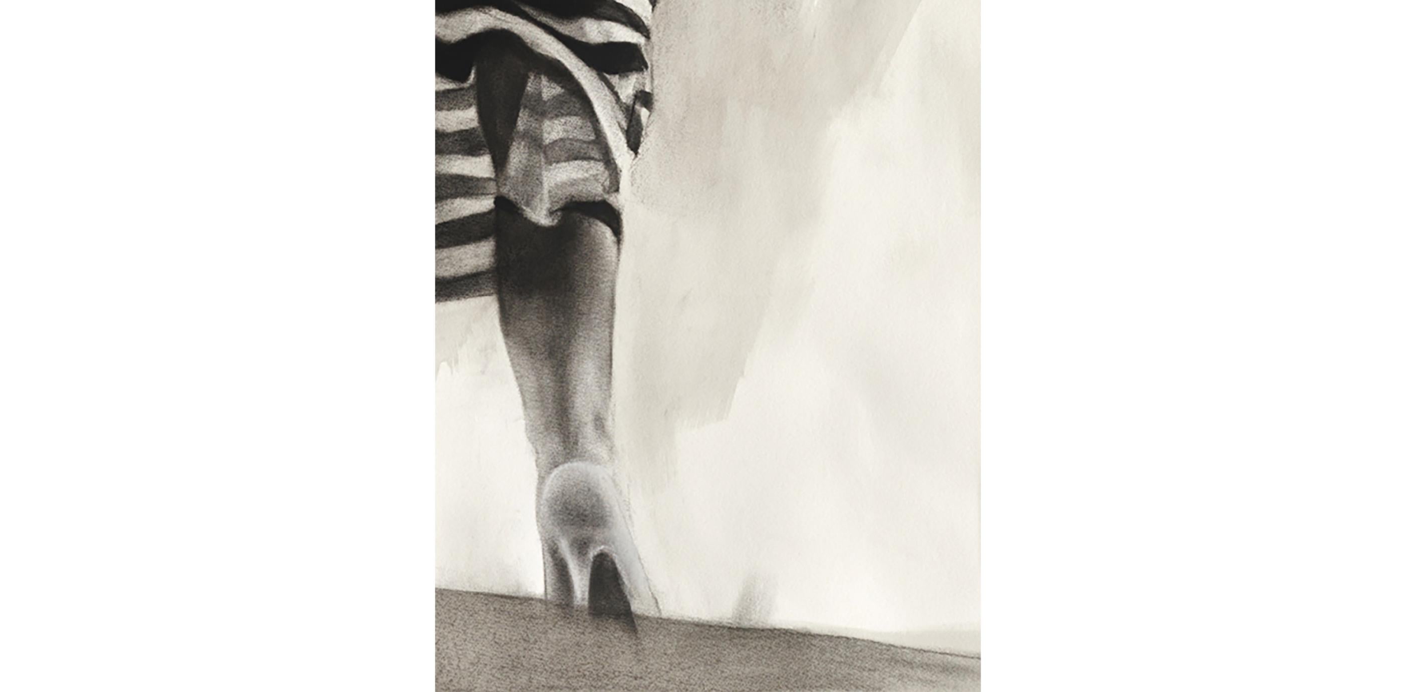 Performance II realistic charcoal & ink monotone drawing, woman in striped dress For Sale 2