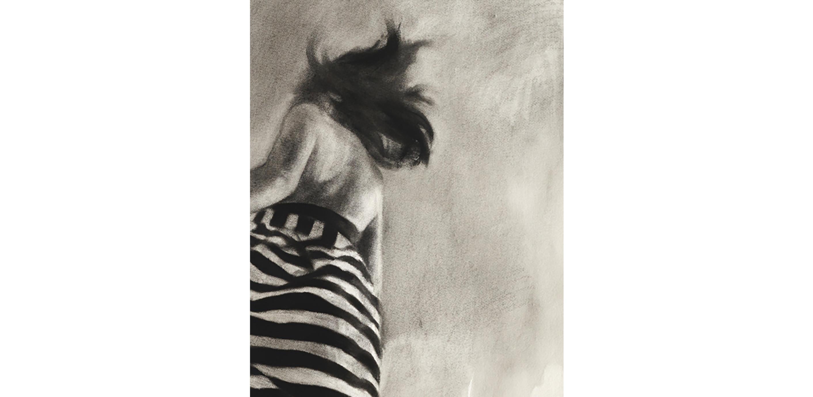 Performance II realistic charcoal & ink monotone drawing, woman in striped dress - Gray Figurative Art by Patsy McArthur