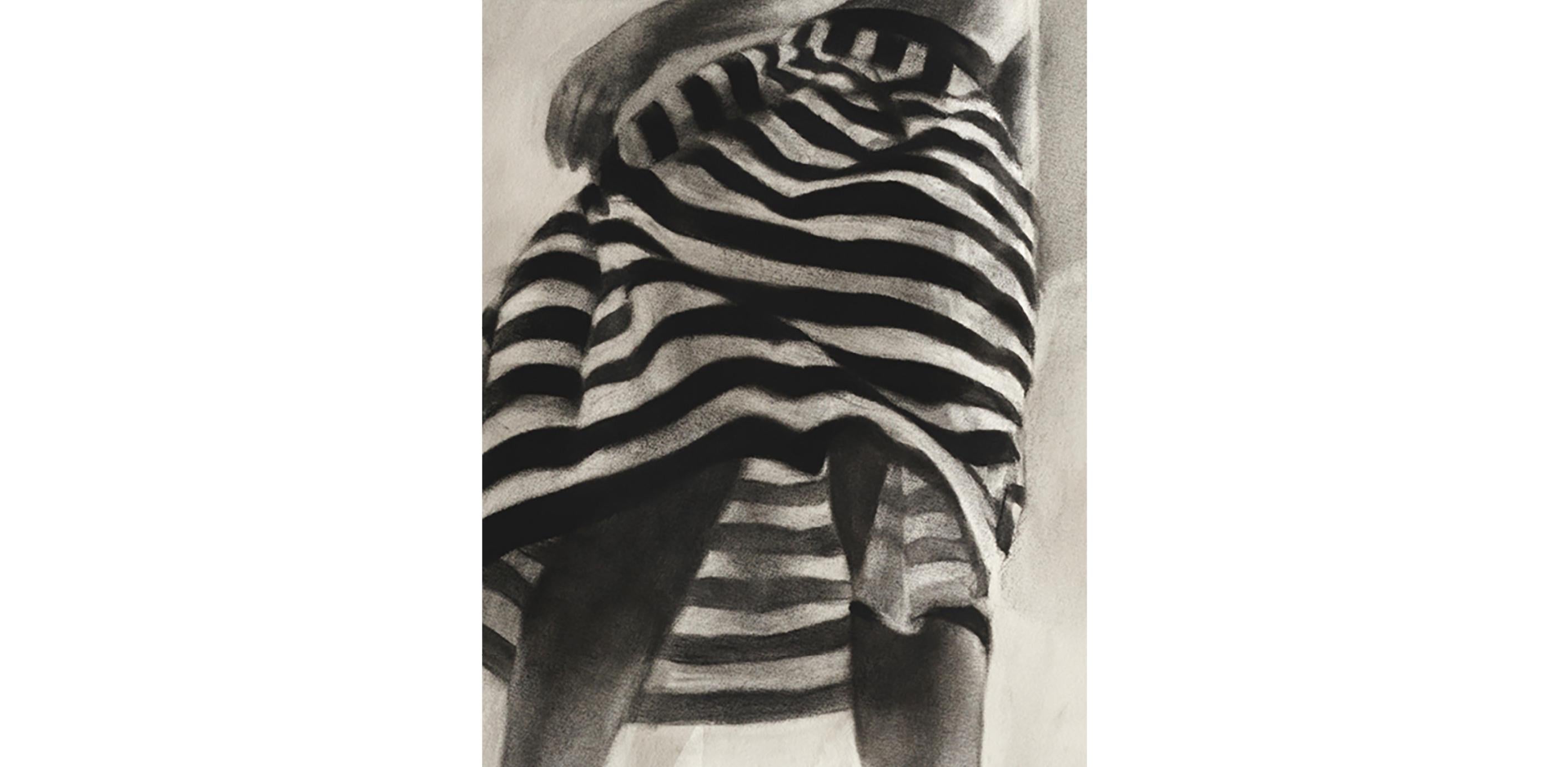 Performance II realistic charcoal & ink monotone drawing, woman in striped dress For Sale 3