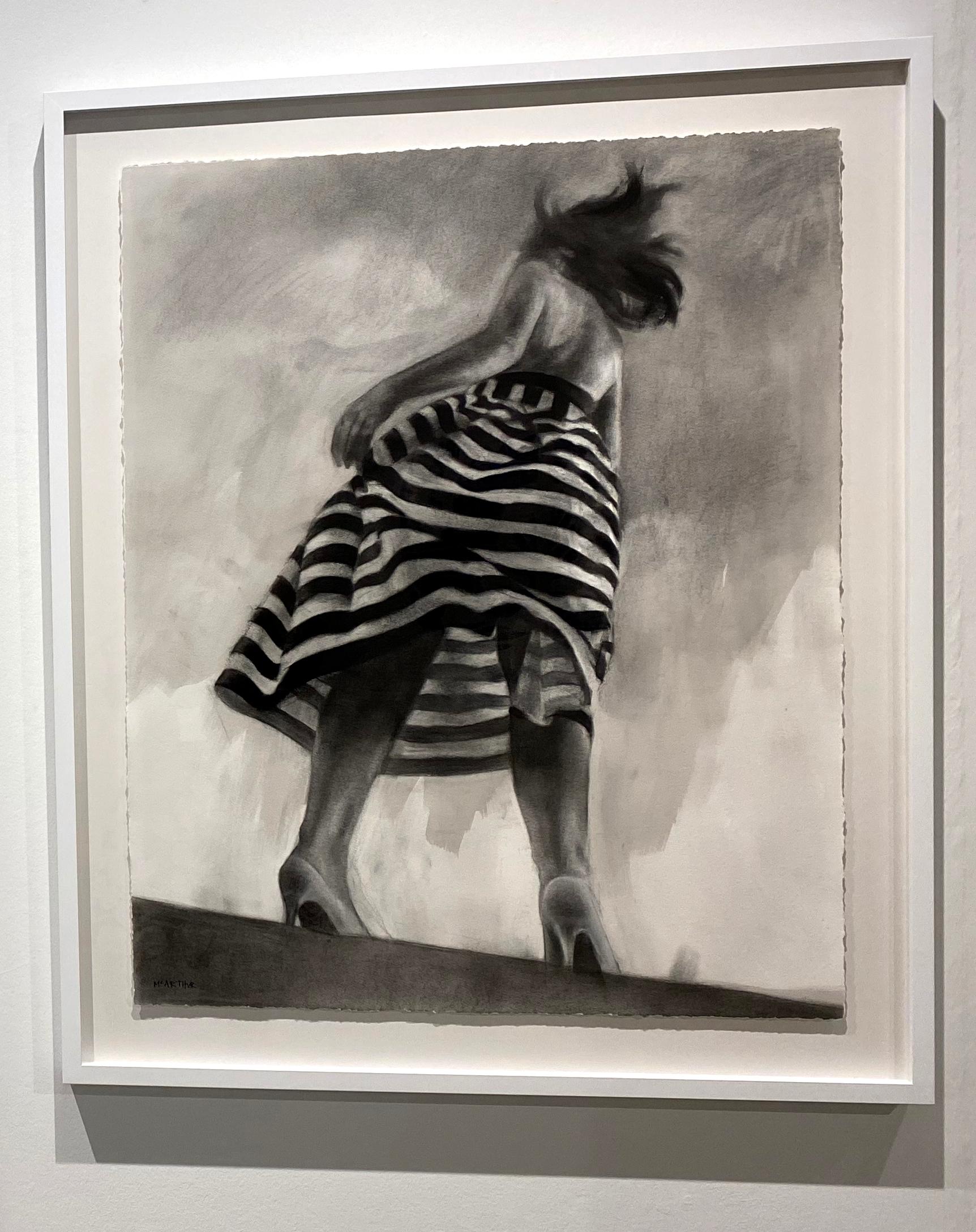 Performance II realistic charcoal & ink monotone drawing, woman in striped dress - Art by Patsy McArthur