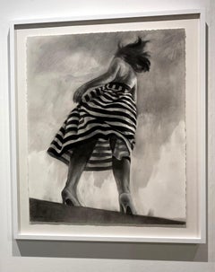 Performance II realistic charcoal & ink monotone drawing, woman in striped dress