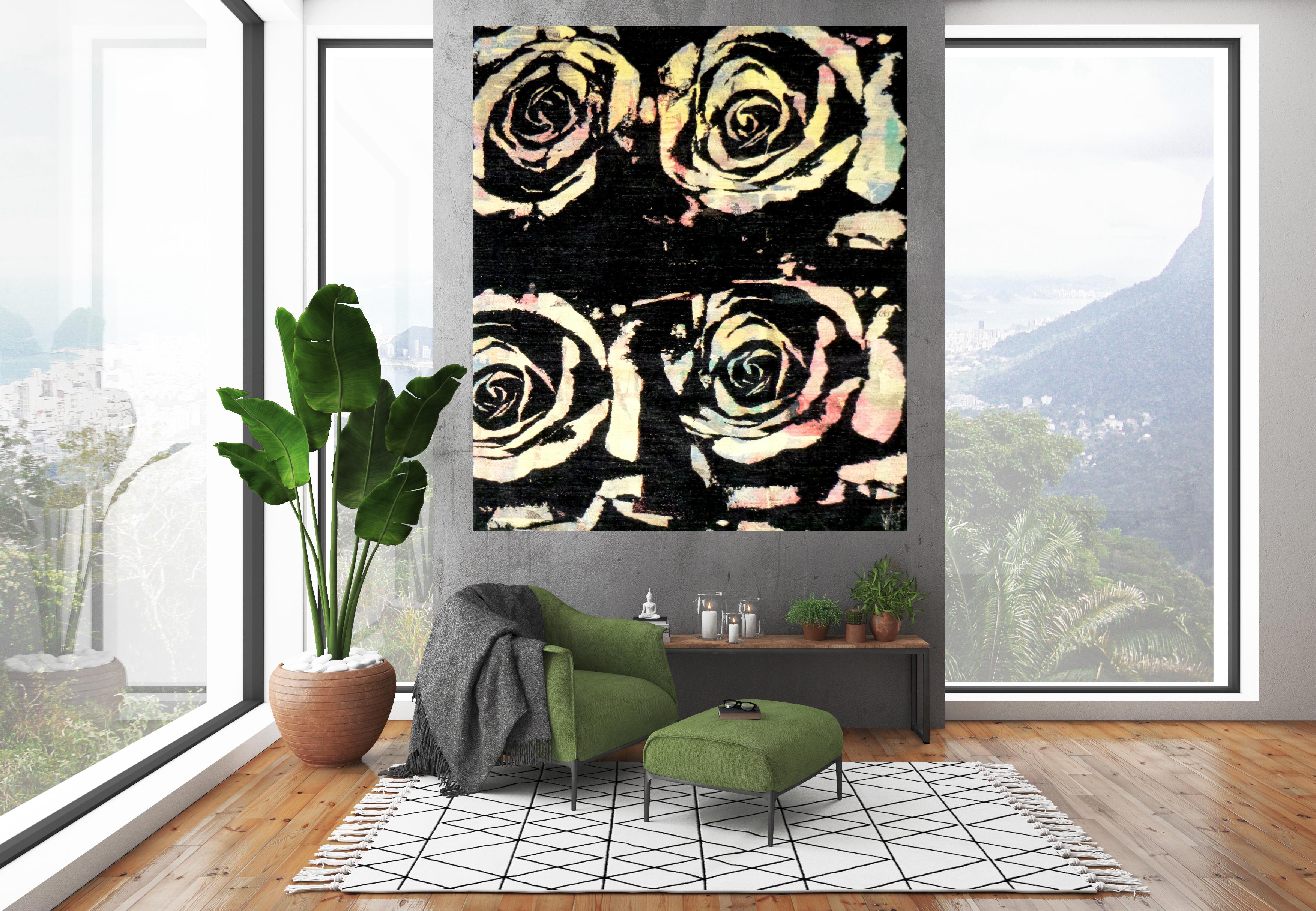 Seek One's art woven into beautiful hand crafted rug, created in Afghanistan of Ghazni Wool.   Limited edition of 10.  The artist photographed the roses and then gave them his signature pop style.   The piece can hang vertically or horizontally or