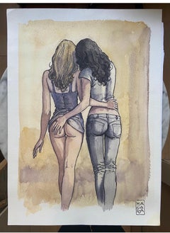 The two girlfriends out for a walk - Milo Manara Watercolour and Indian ink 