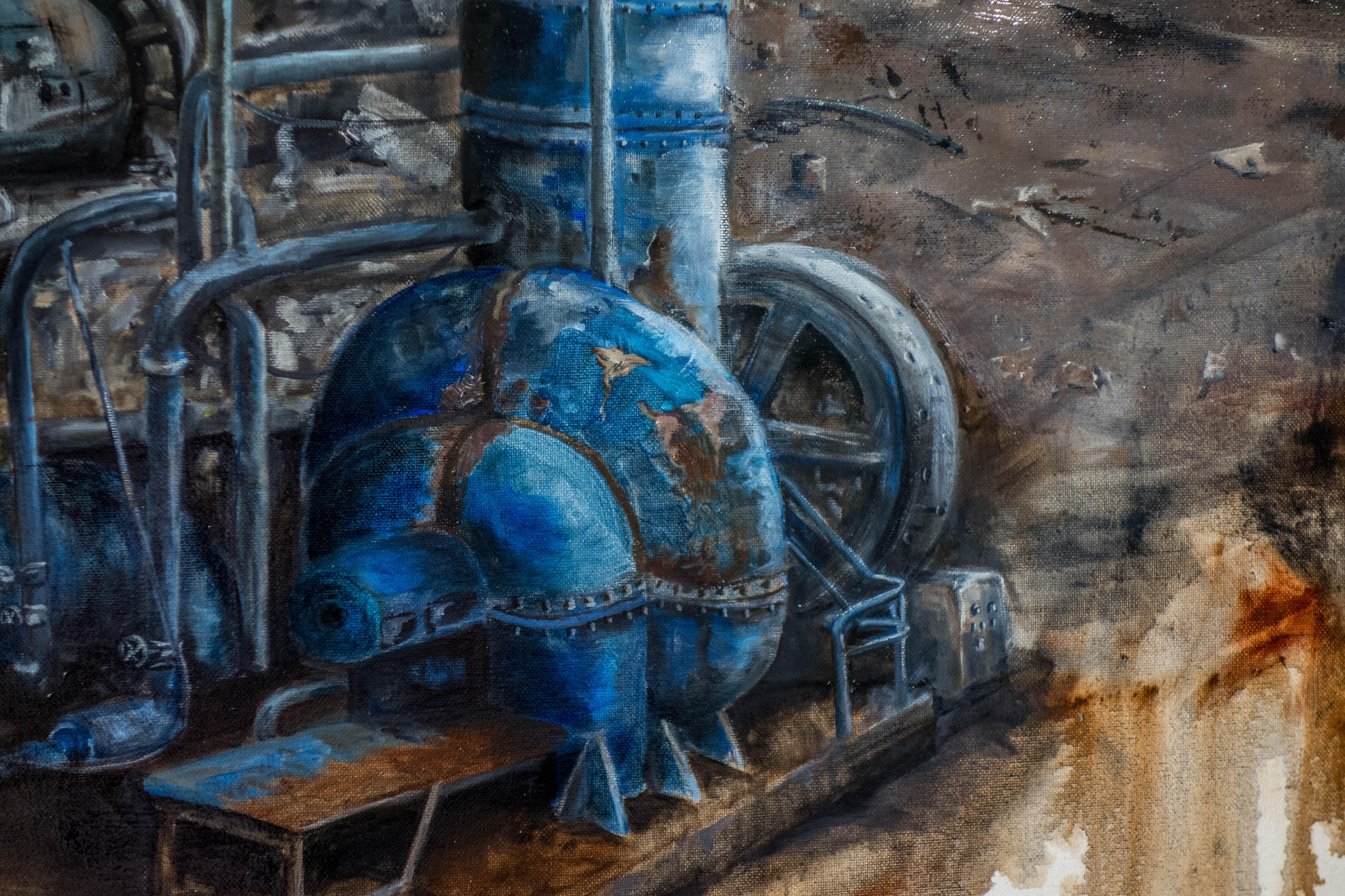 The blue machine - Painting by Jean-Pierre Brissart
