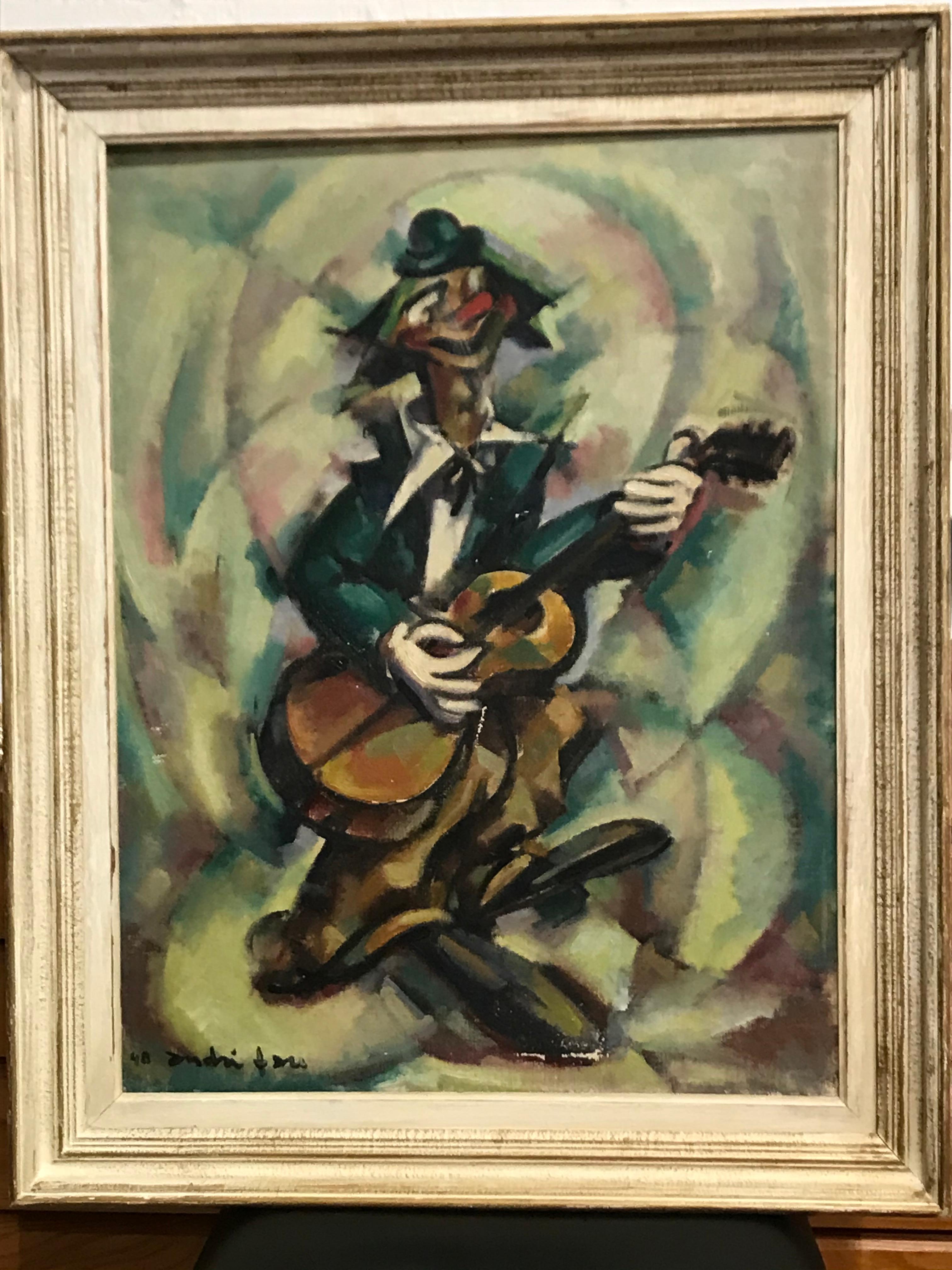 André FAU
Le clown musicien 
1948
Huile sur toile / châssis
Signé et daté en bas à gauche
Œuvre : 65 x 50 cms
Cadre : 77x 62 cms
900 euros 