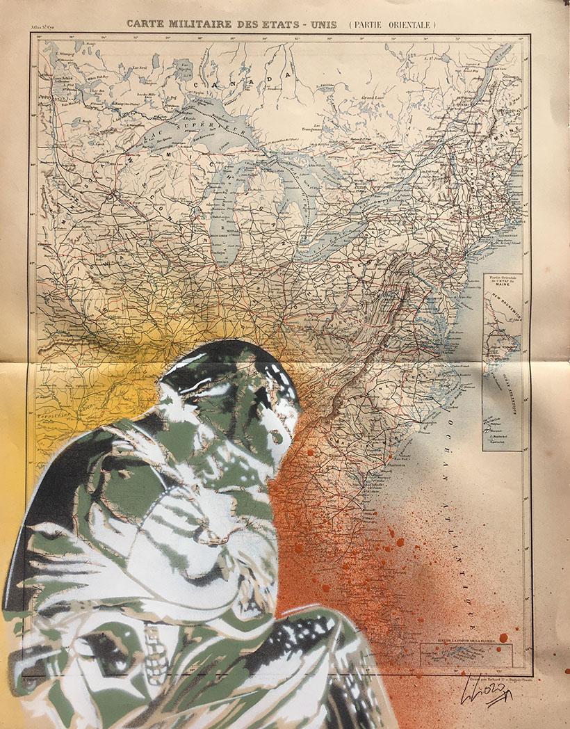 US ARMY
2020
Stencil on 1881 military geography atlas maps
(military map of the United States - eastern part)
45x57 cms
(note that on the borders there may be small mini tears or snags related to the age of the card)
Selling price: 190 euros