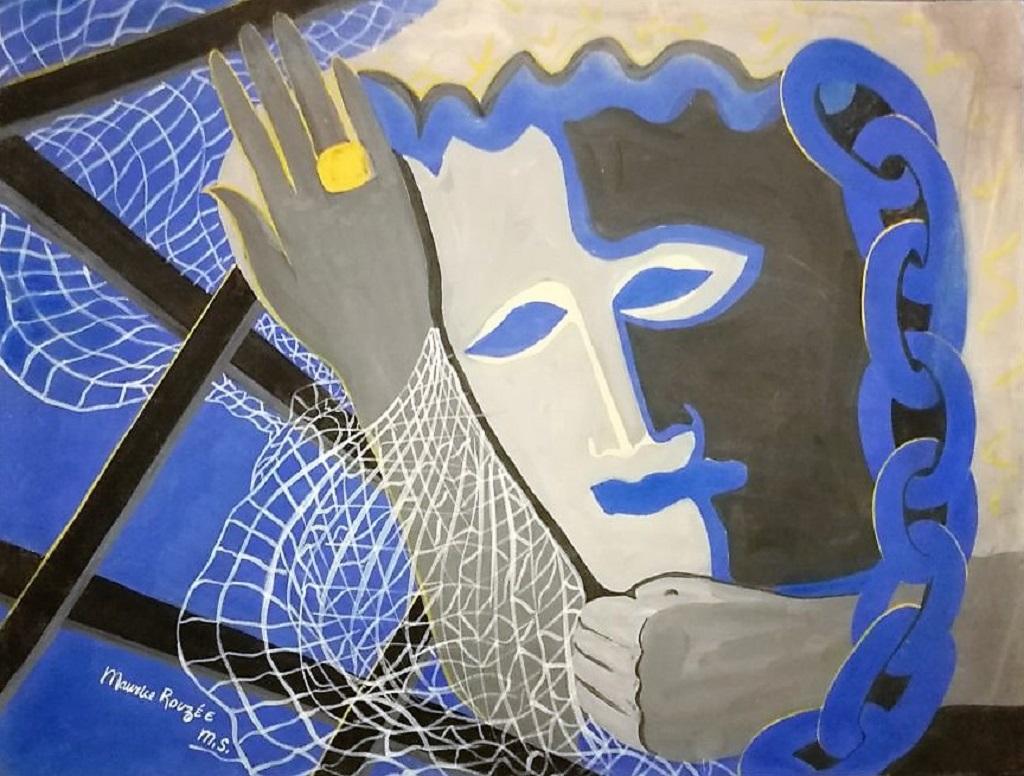Blue Masquerade is an original artwork realized by Maurice Rouzée in the 1940's. Tempera on paper; signed by the artist on the lower left margin ("Maurice Rouzée M.S."). Very good conditions. 

The artwork represents an abstract geometrical