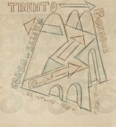 Trento - Bondone Corsa in Salita - Original Drawing by Fortunato Depero - 1928