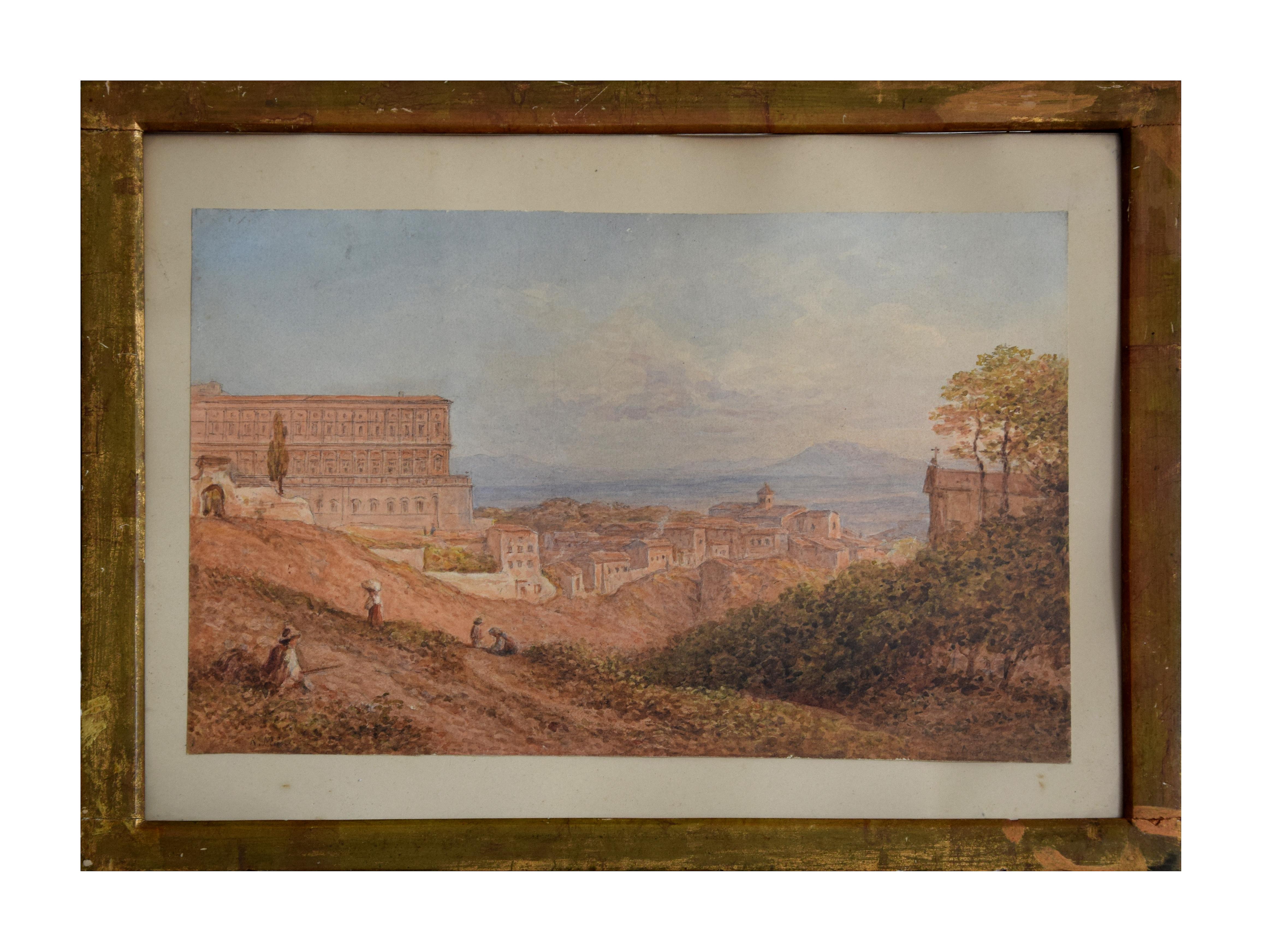 Vue du palais royal de Naples - 19e siècle - Aquarelle - Moderne