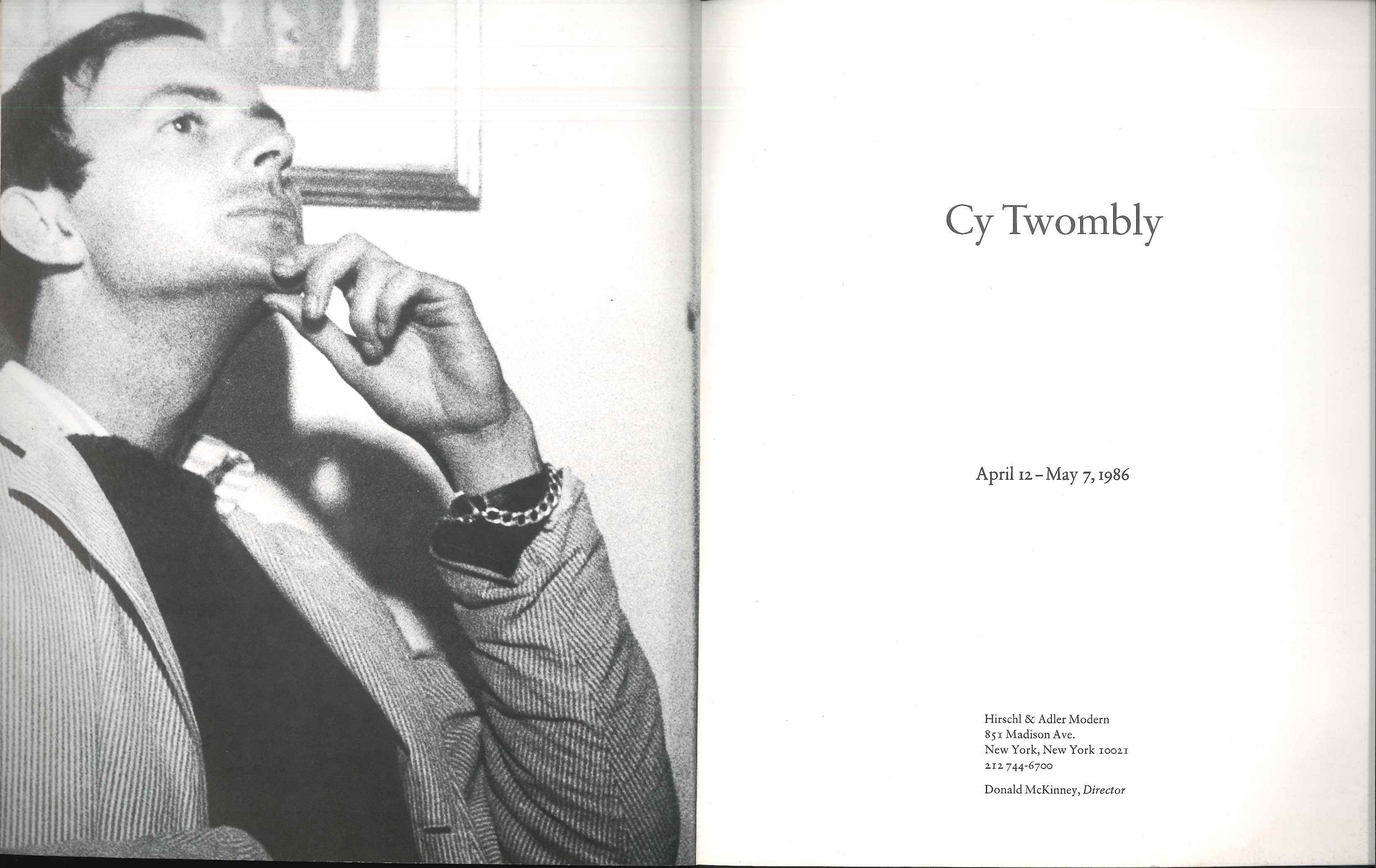 Very rare and precious Catalog of Cy Twombly for the solo exhibition of the American artist (from April 12 - May 7, 1986).
Published in 1986 by Hirschl and Adler Modern Gallery, New York. Text by Roberta Smith. In English. In 8º, unnumbered