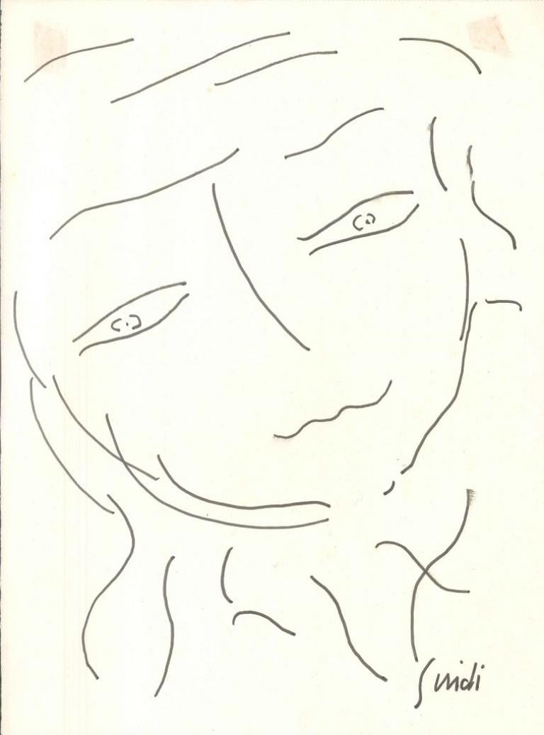 Countess Portrait is a wonderful original drawing realized in black marker and signed on the lower right margin by Virgilio Guidi. The fresh and rapid line suggests a portrait made by heart rather than a simple abstract naif portrait in Guidi's