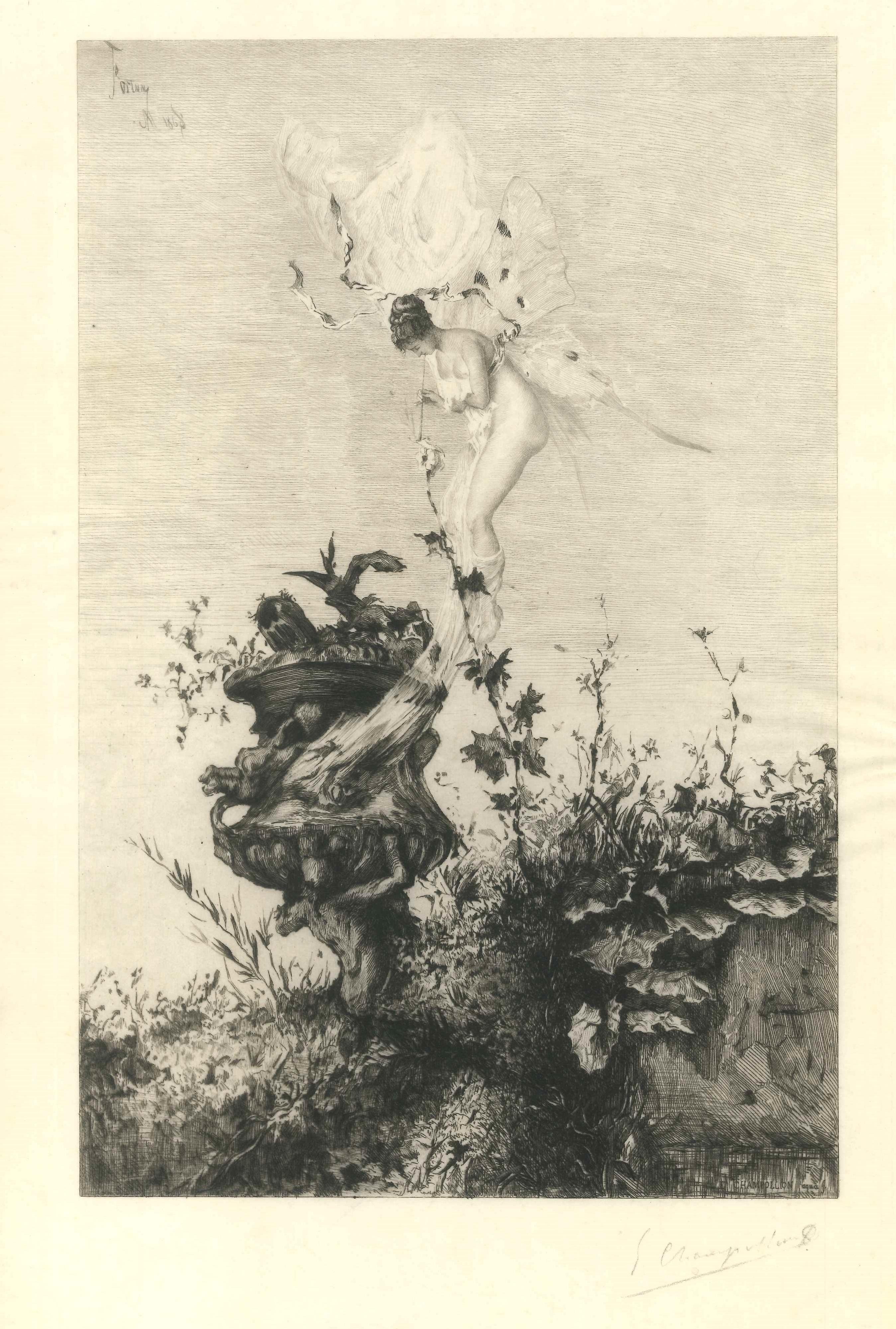Eugène Champollion Print - The Butterfly of Fortuny - Original Etching d'Après Mariano Fortuny - 1868
