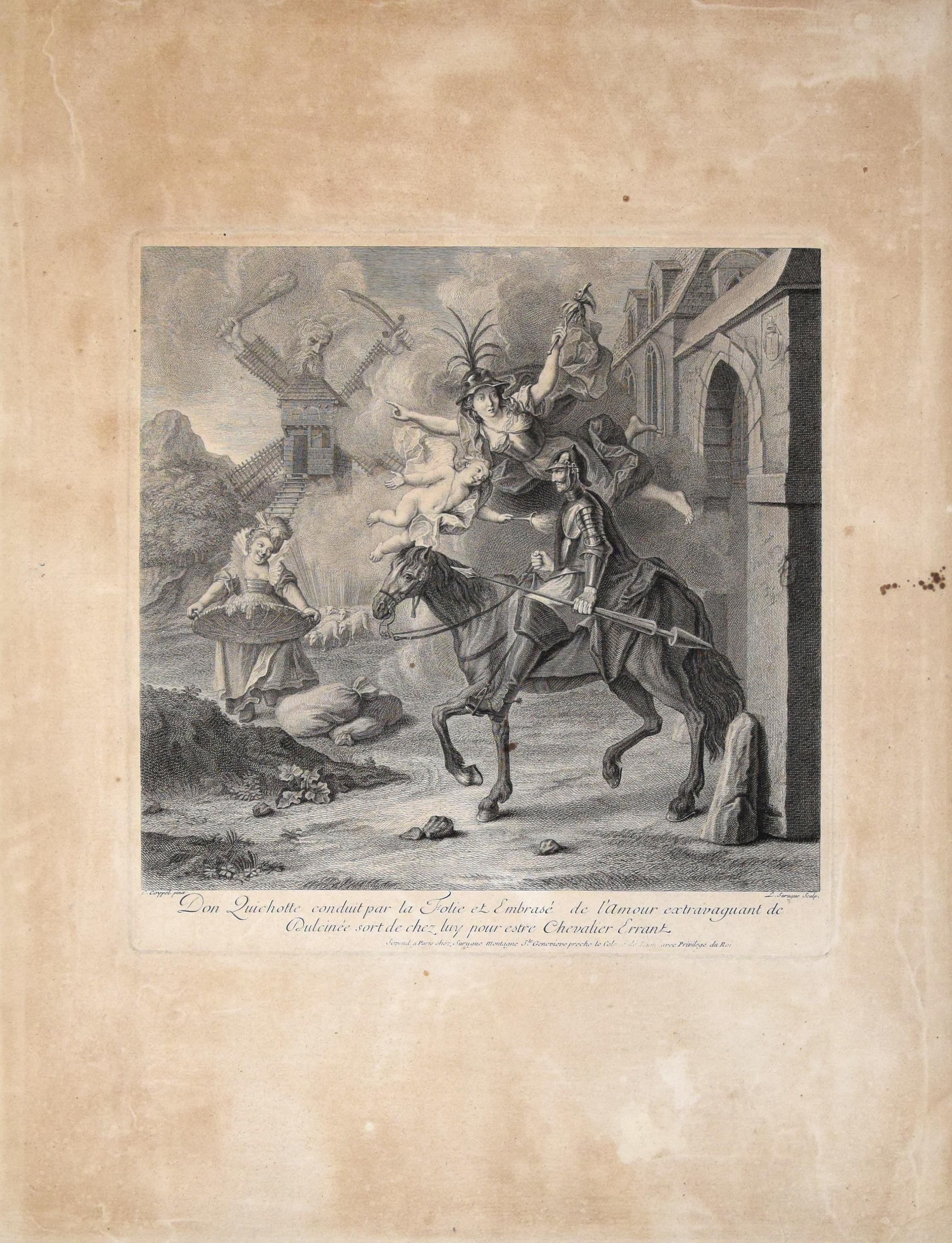 Don Quichotte conduit par la Folie is an original artwork realized by Louis Surugne in 1730. Etching on paper.

Proof of the 1st tirage (chez Surugne). Titled and signed on plate on the lower margin. 

Fair conditions, except for two small spots on