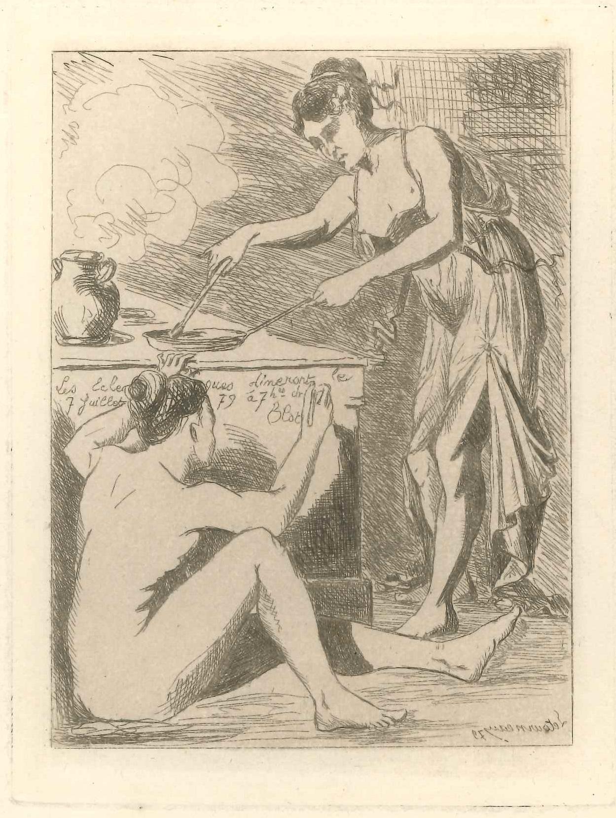 Louis-Alexis Letoureau Interior Print - Le dîner - Etching by L.-A. Letoureau - End of 19th Century