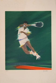 Tennisspieler – Originallithographie von Victor Spahn – Ende des 20. Jahrhunderts