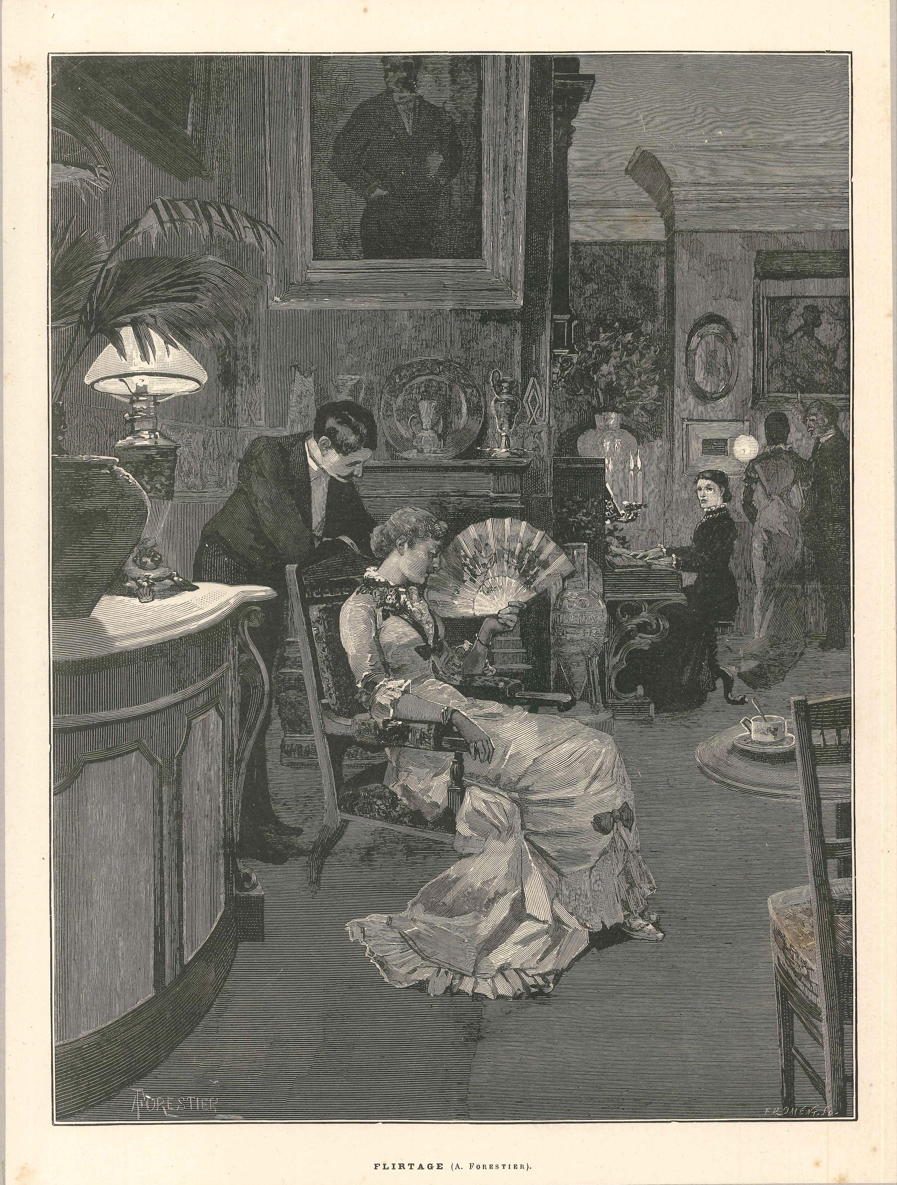 Ferdinand Florentin Froment Interior Print – Flirtage – Original Holzschnitt von F. Froment – Ende des 19. Jahrhunderts