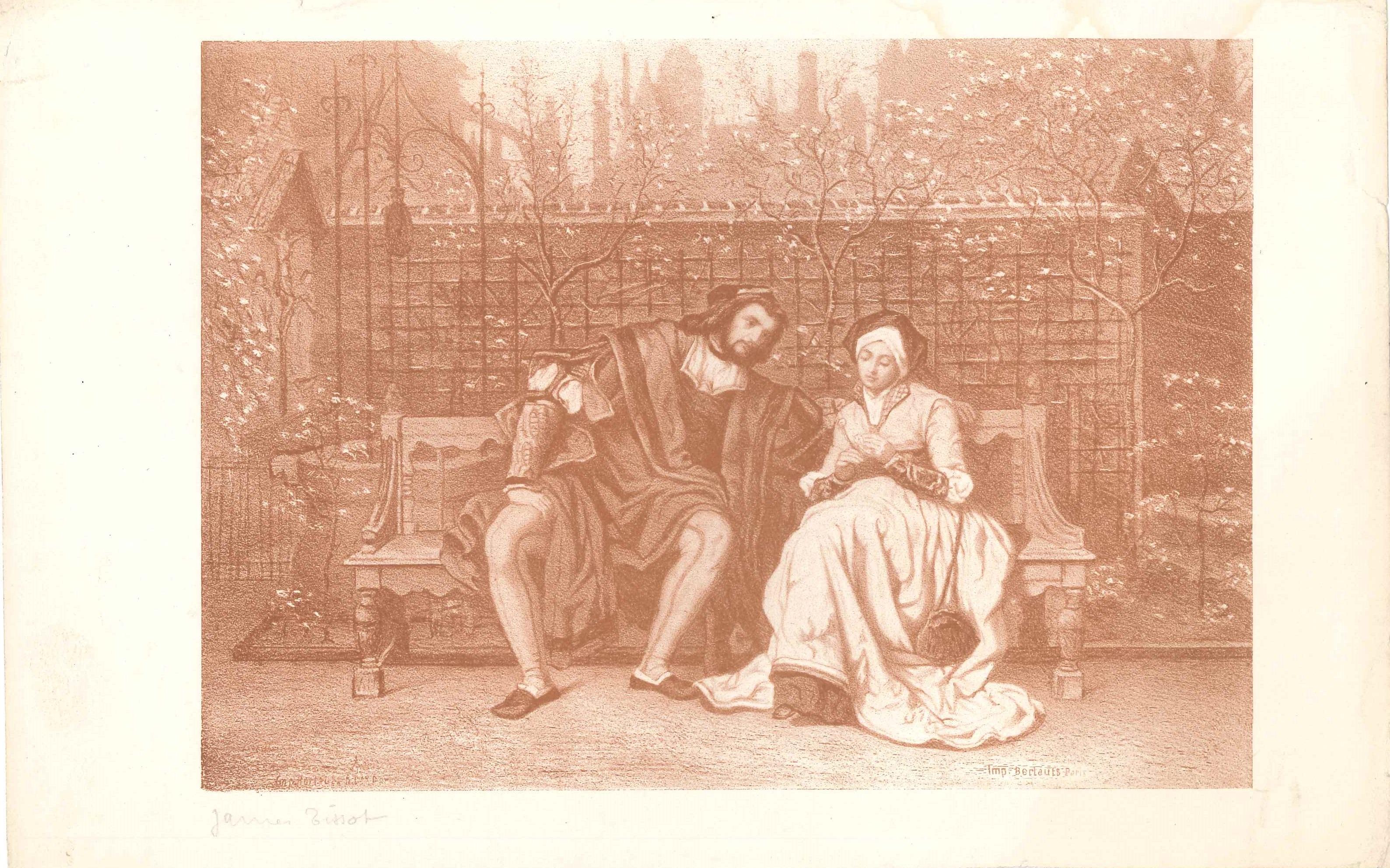 Eugène Louis Pirodon Figurative Print - Faust et Marguerite - Lithograph by E.L. Pirodon - 1861